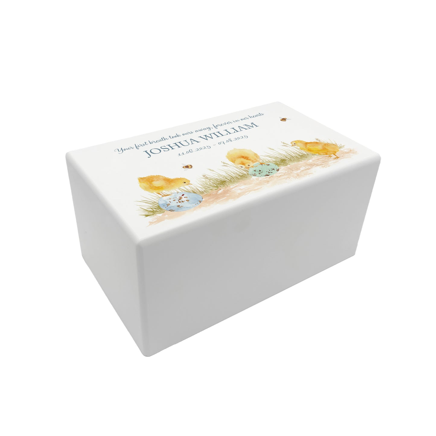 Luxury solid wooden white painted Urn ,  Featuring Baby Chicks, A watercolour illustration, our urns and Caskets for displaying or burying ashes. Customisable and can be personalised. Perfect funeral memory keepsake urn, for storing ashes for humans and pets. Coping with baby loss, baby memorial