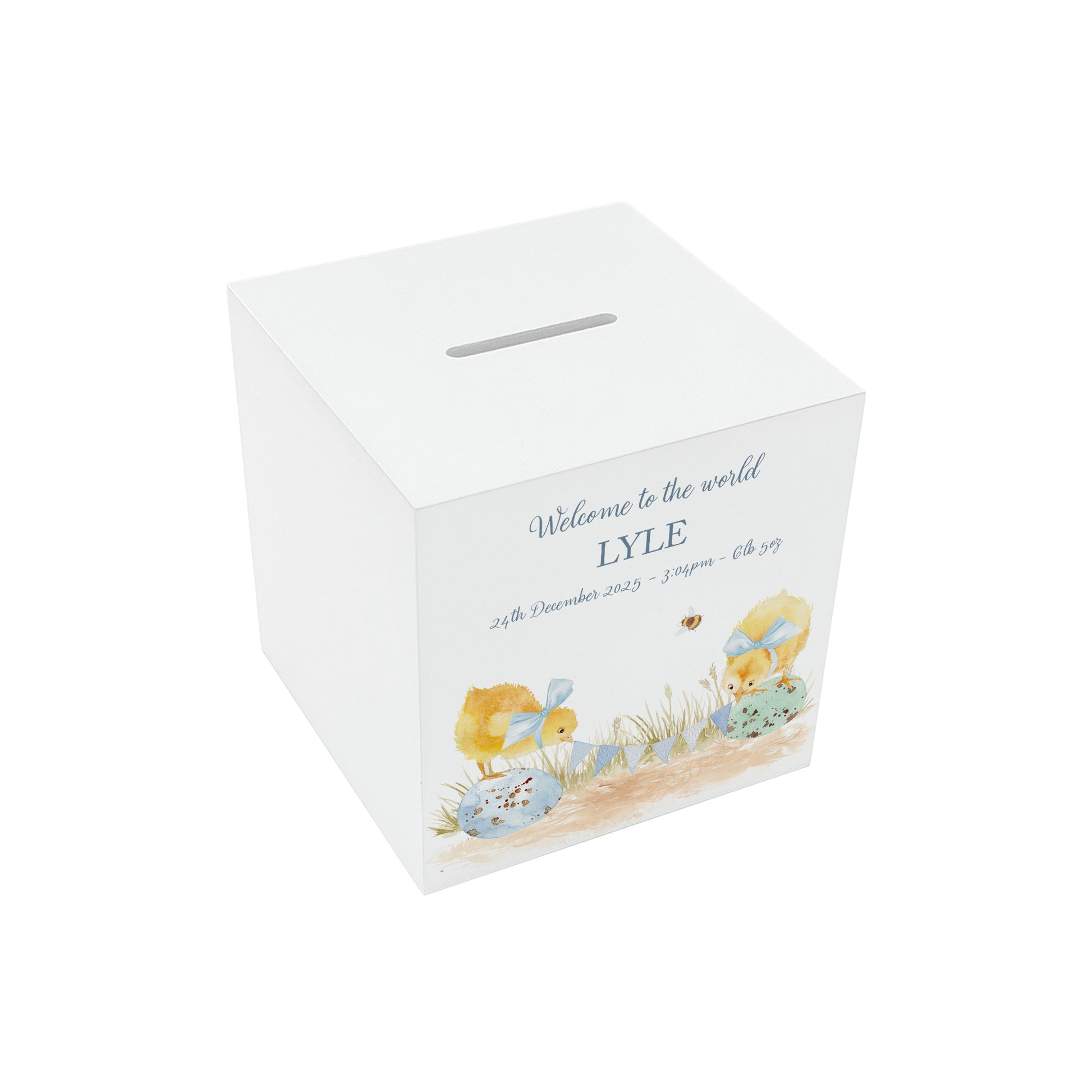 handmade wooden money box with watercolour Chicks design for nursery shelf