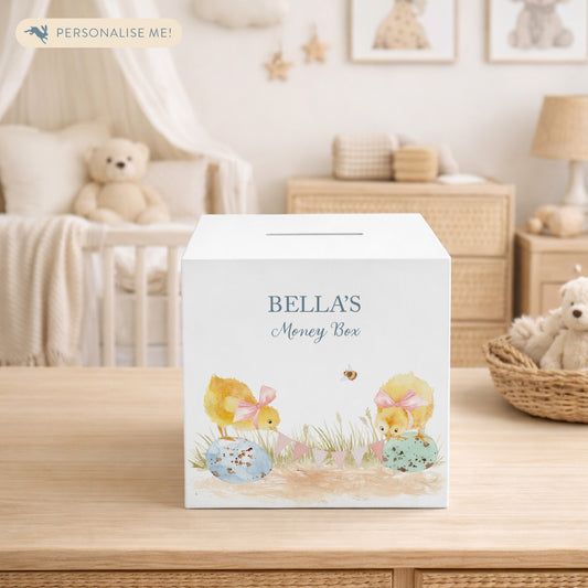 handmade wooden money box with watercolour Chicks design for nursery shelf