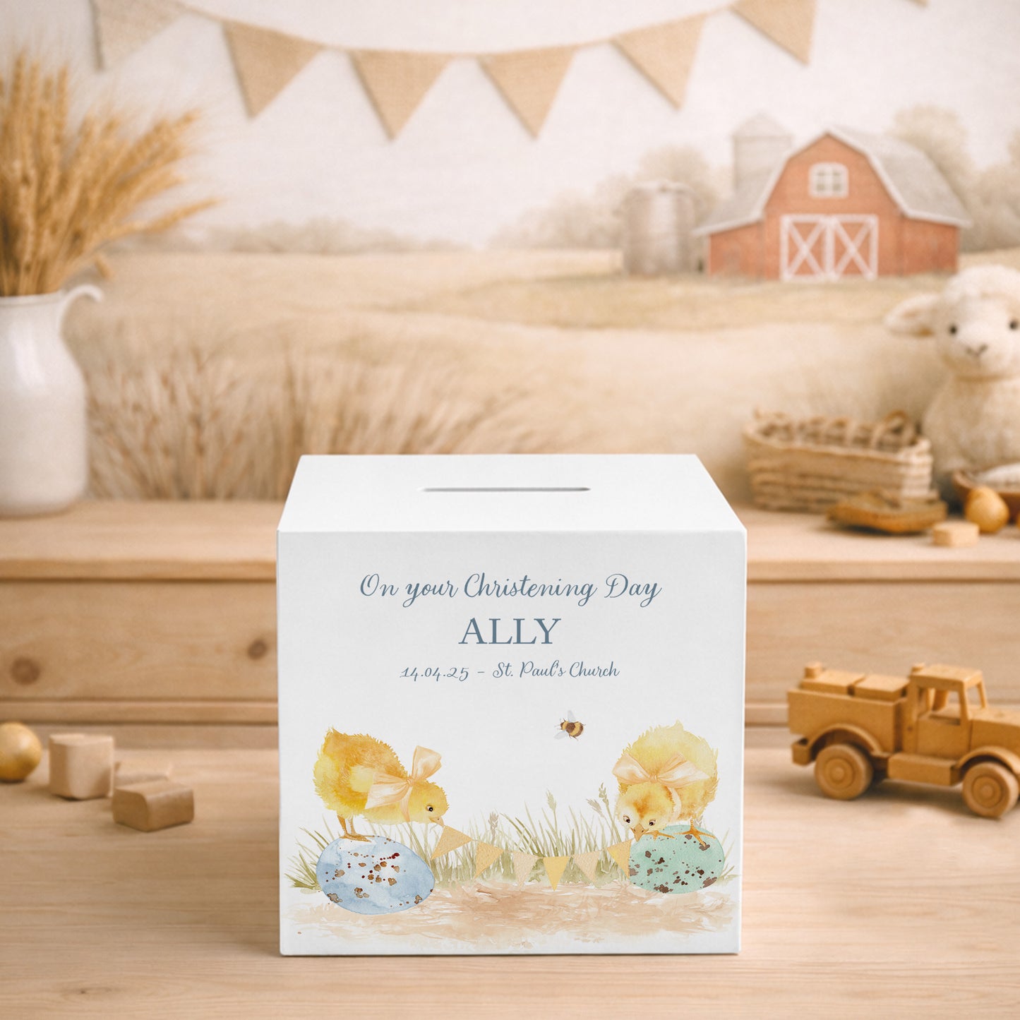 handmade wooden money box with watercolour Chicks design for nursery shelf