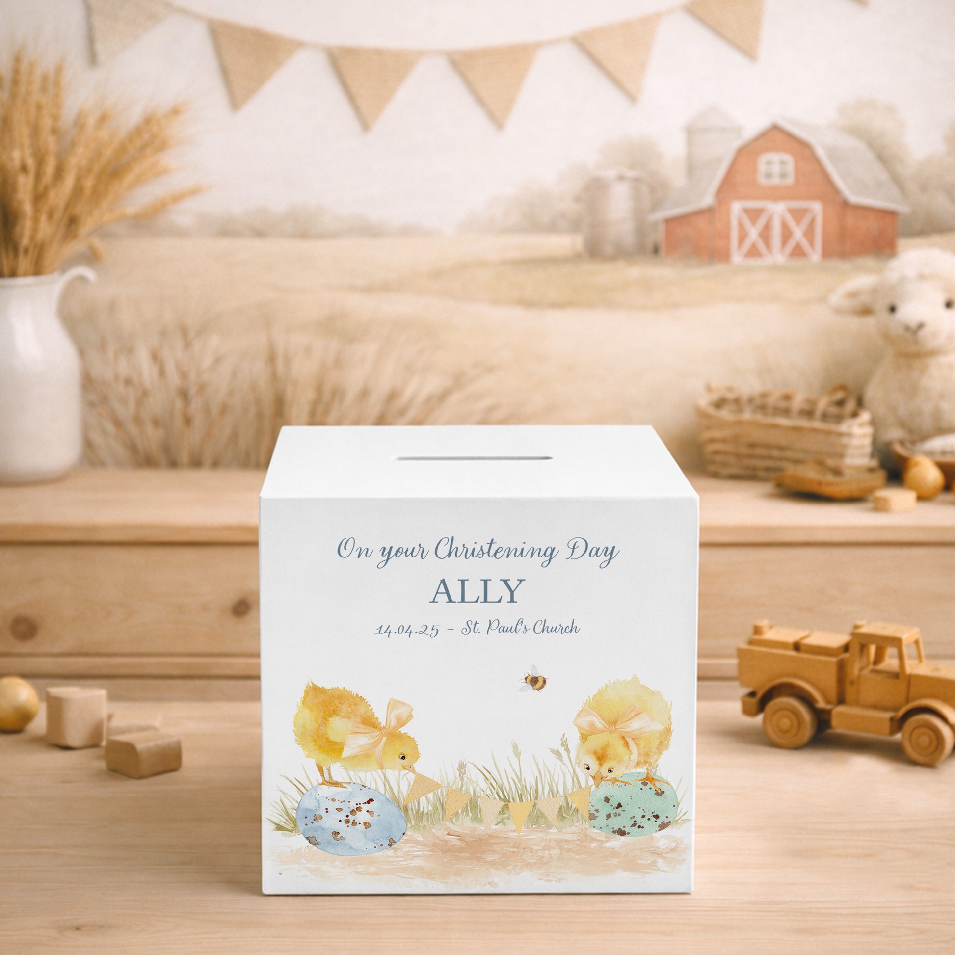 handmade wooden money box with watercolour Chicks design for nursery shelf