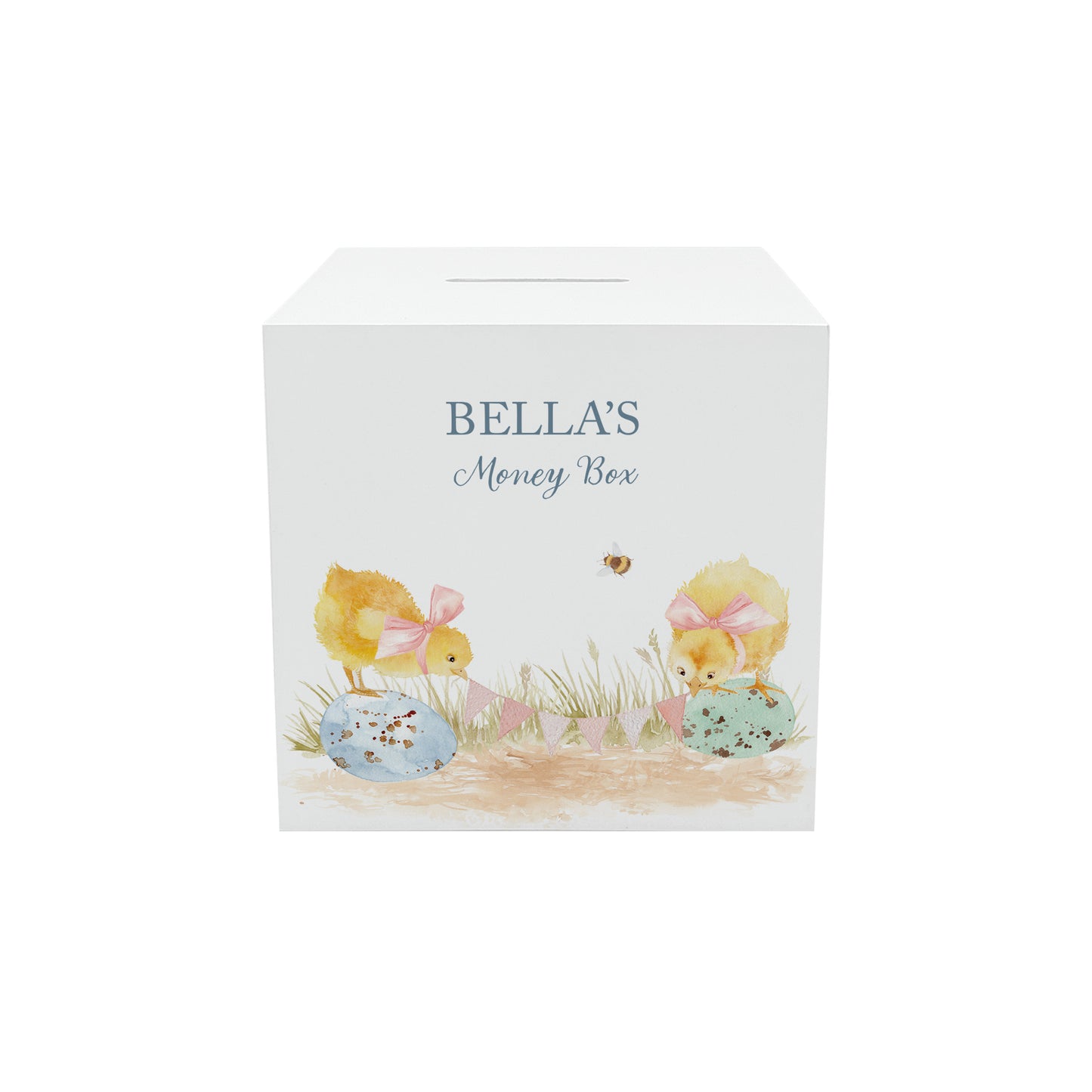 handmade wooden money box with watercolour Chicks design for nursery shelf