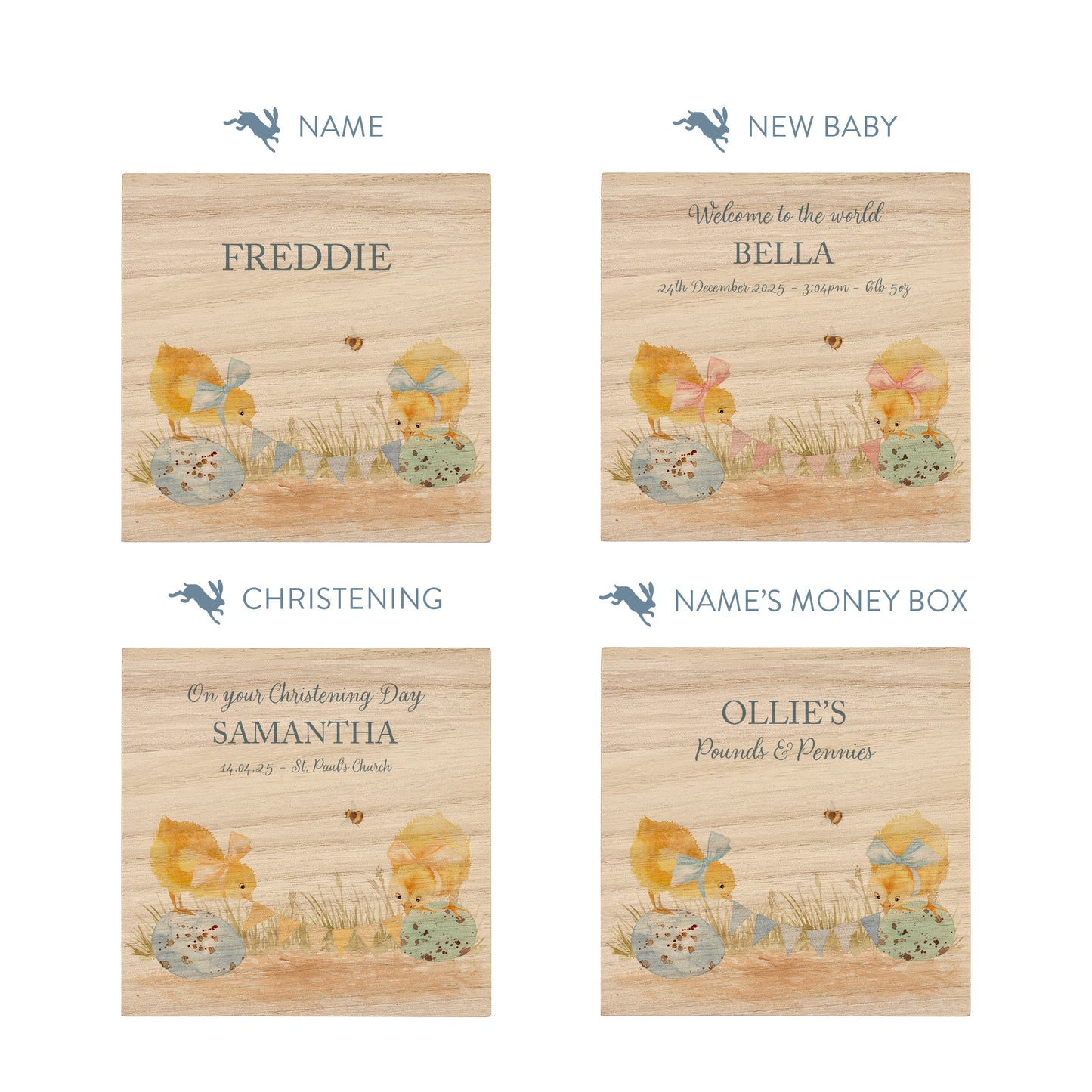 personalised handmade wooden money box styled in a cosy childrens bedroom, sweet chicks sat on speckled eggs playing with bunting with bows around their necks