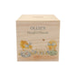 personalised handmade wooden money box styled in a cosy childrens bedroom, sweet chicks sat on speckled eggs playing with bunting with bows around their necks