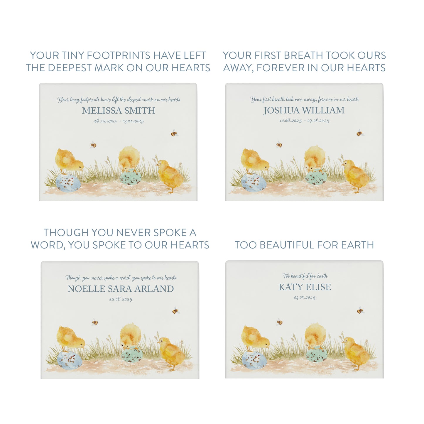 Luxury solid wooden white painted Urn  with Baby Chicks in a meadow sitting on eggs in a beautiful watercolour illustration our urns and Caskets for displaying or burying ashes. Customisable and can be personalised. Perfect funeral memory keepsake urn, for storing ashes for humans and pets. Coping with baby loss. 