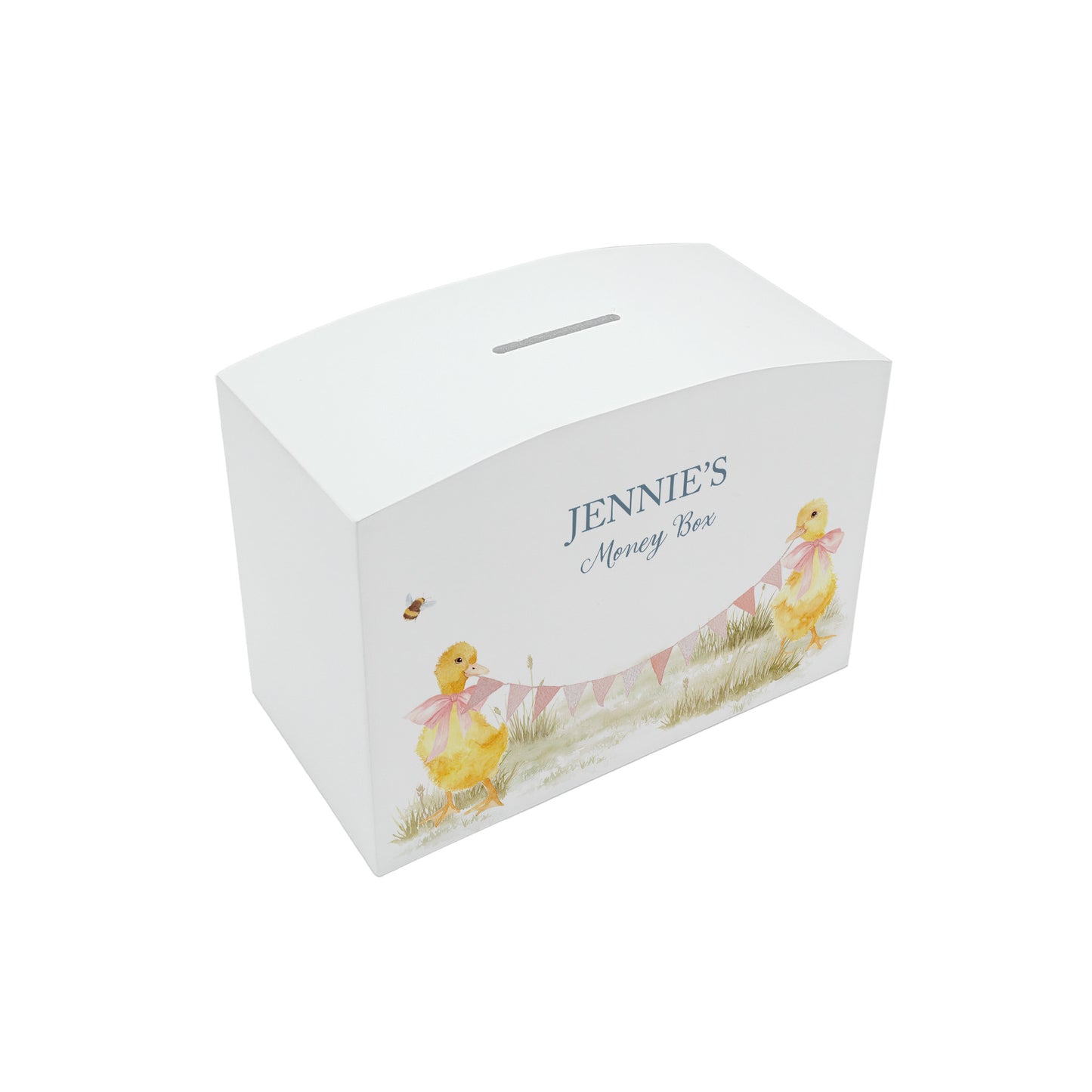 personalised children's money box, the perfect keepsake for birthday, new baby and Christening. This Design features baby chicks.  