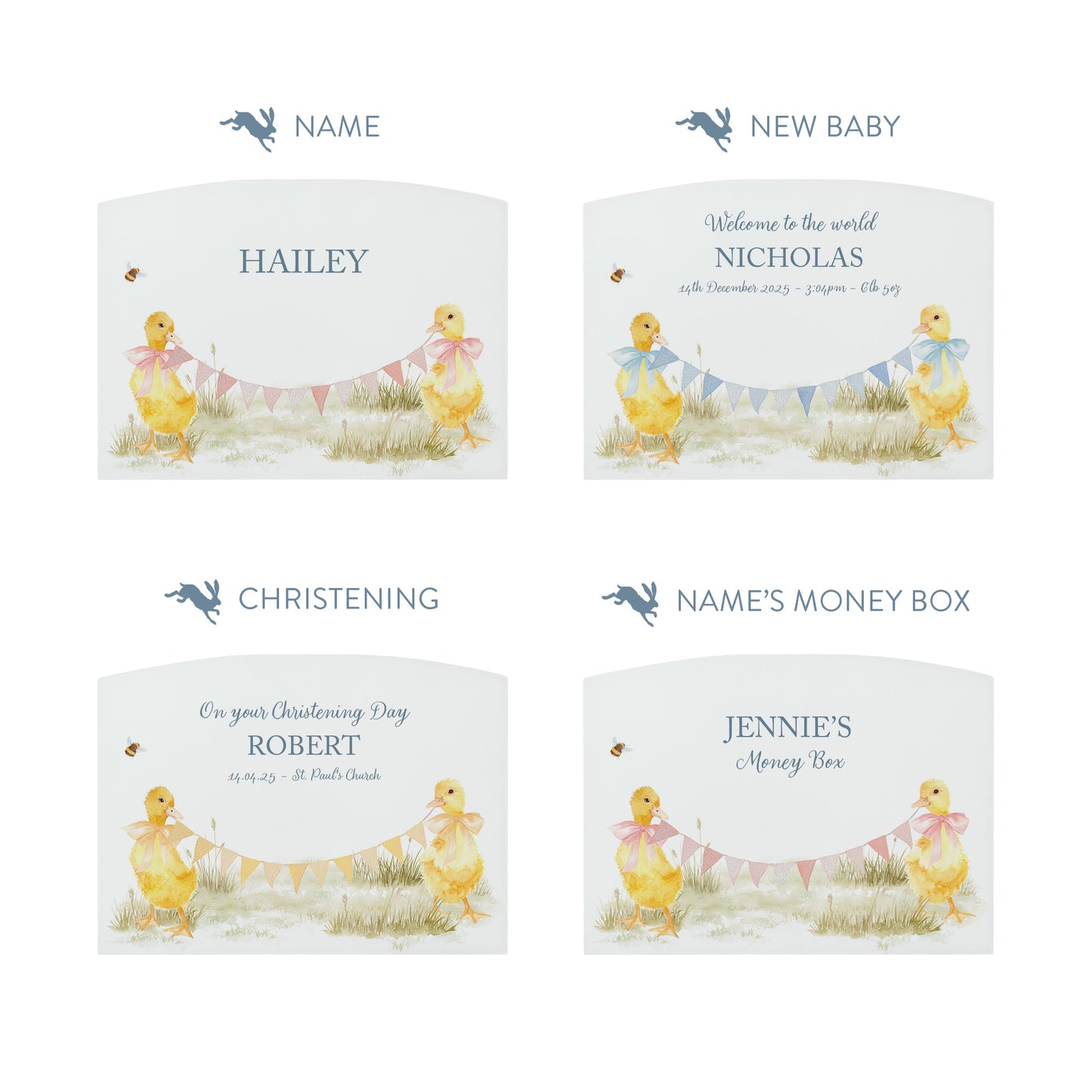 personalised children's money box, the perfect keepsake for birthday, new baby and Christening. This Design features baby chicks.  