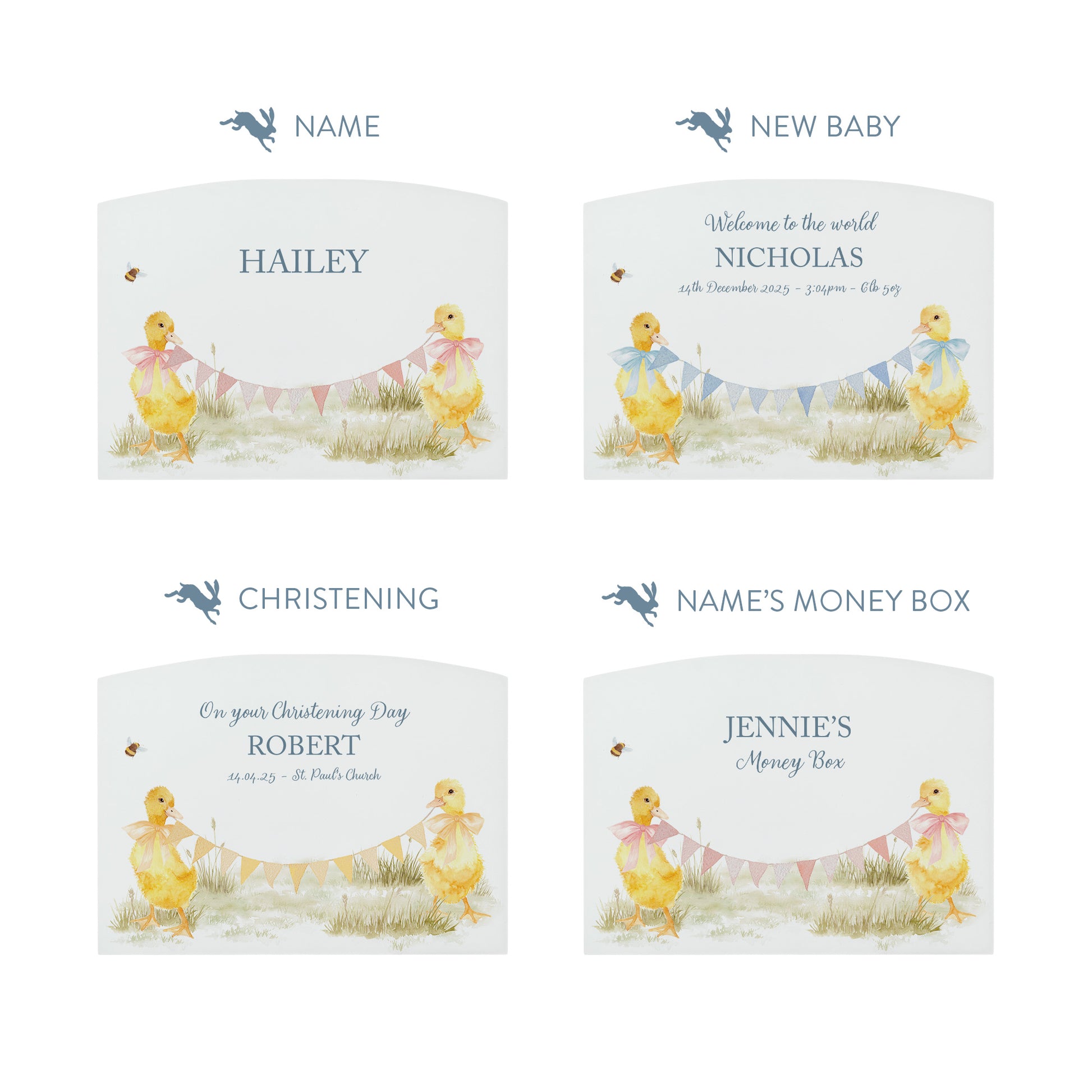 personalised children's money box, the perfect keepsake for birthday, new baby and Christening. This Design features baby chicks.  