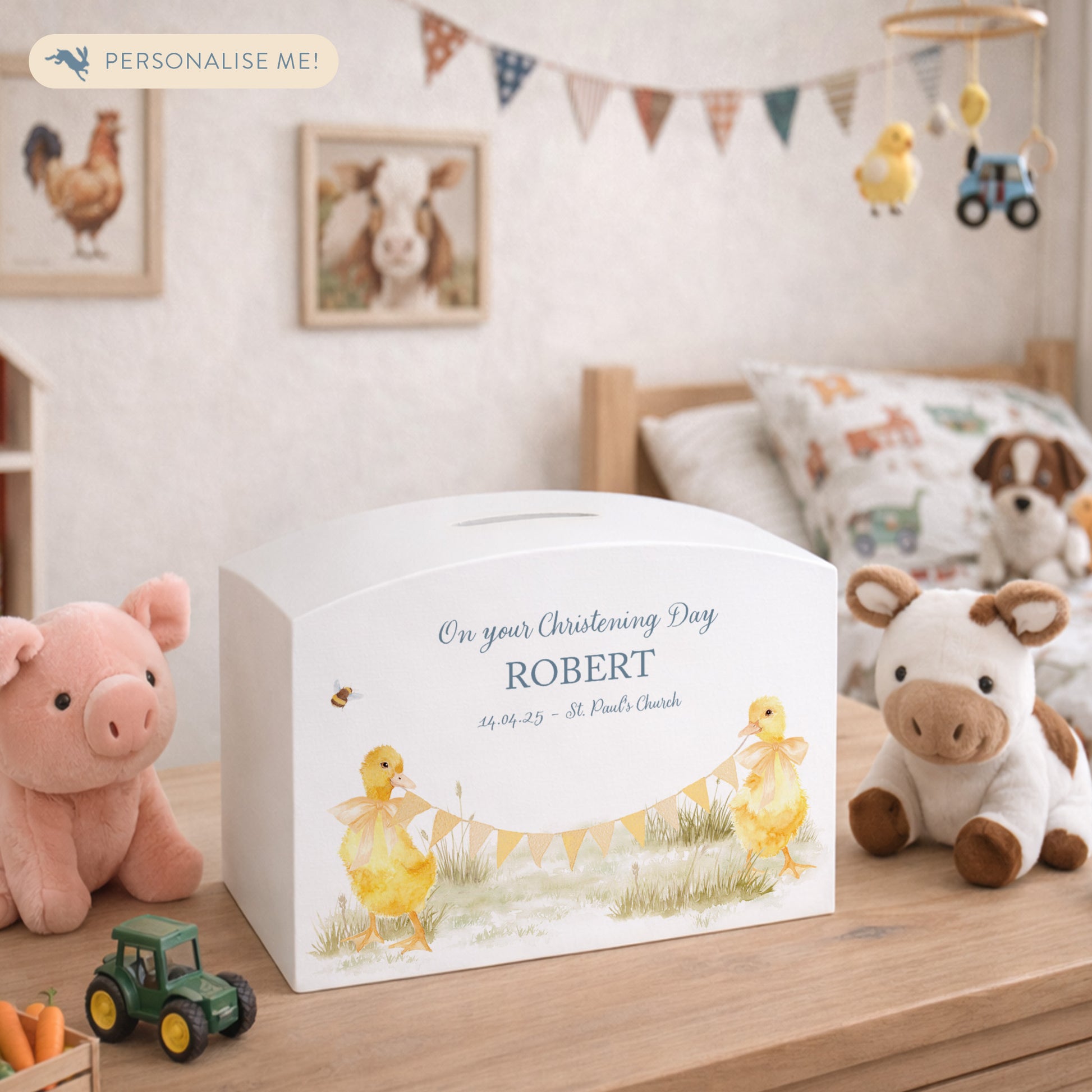 personalised children's money box, the perfect keepsake for birthday, new baby and Christening. This Design features baby chicks.  