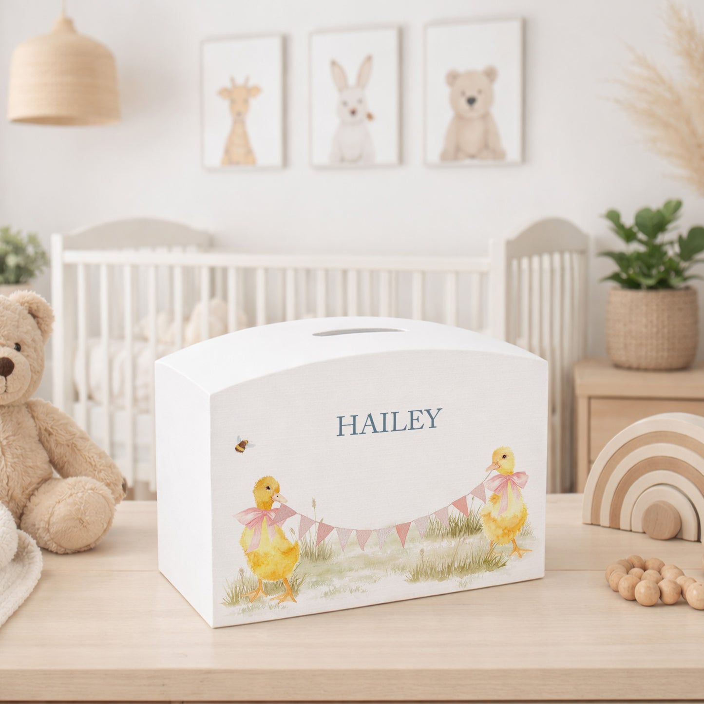personalised children's money box, the perfect keepsake for birthday, new baby and Christening. This Design features baby ducklings.  