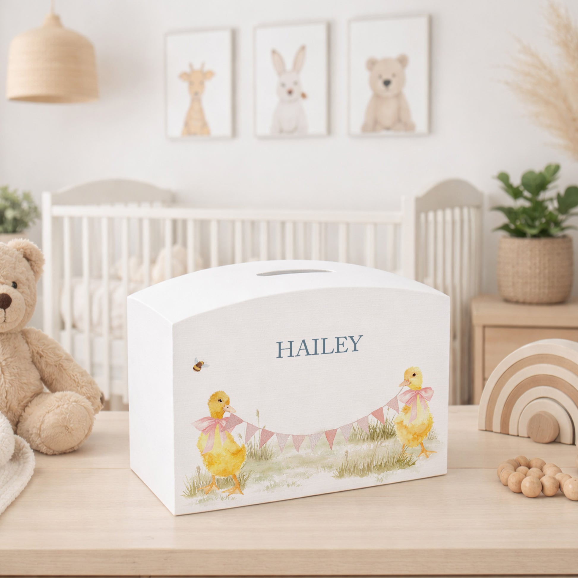 personalised children's money box, the perfect keepsake for birthday, new baby and Christening. This Design features baby ducklings.  