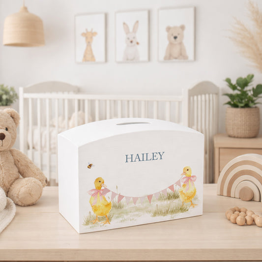 personalised children's money box, the perfect keepsake for birthday, new baby and Christening. This Design features baby ducklings.  