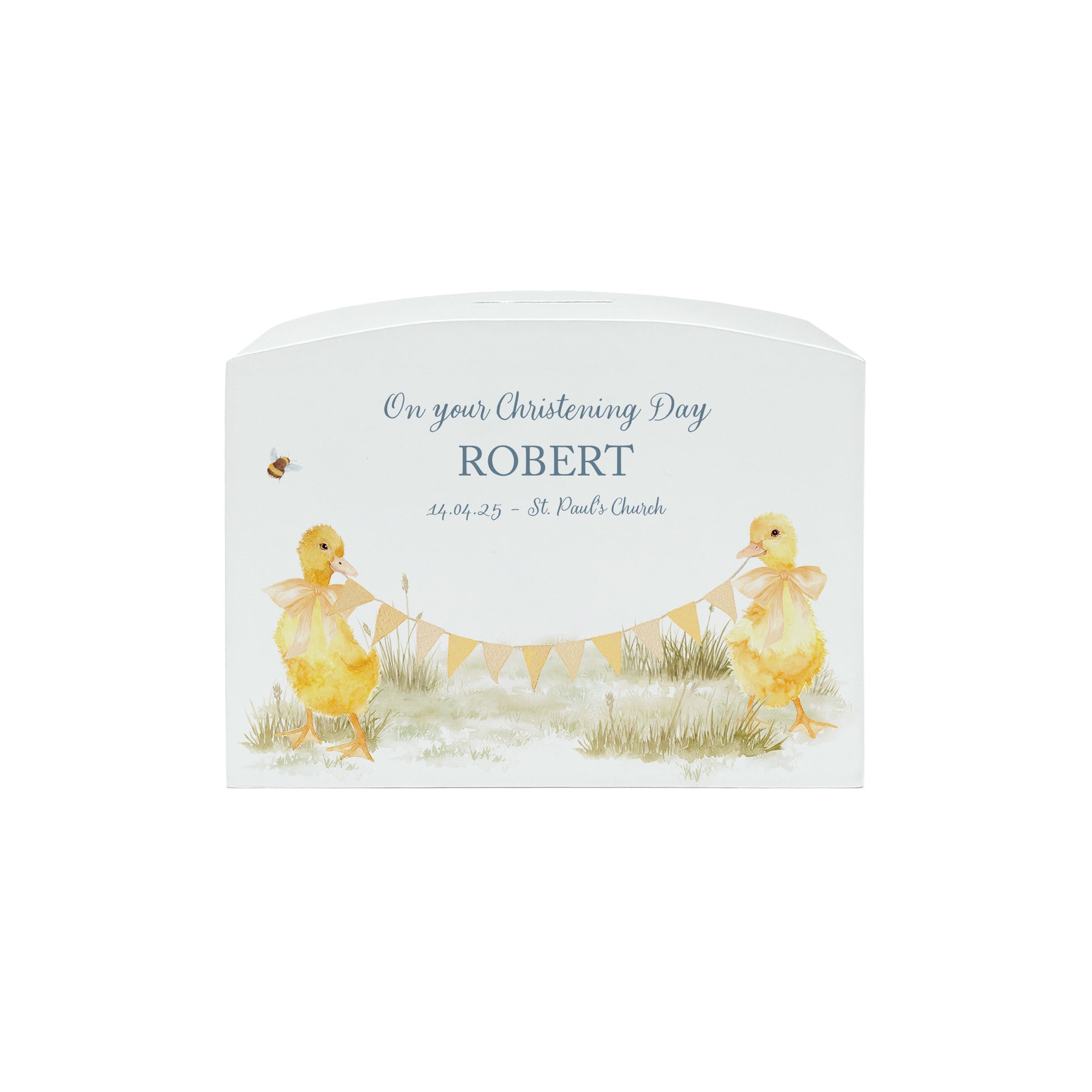 personalised children's money box, the perfect keepsake for birthday, new baby and Christening. This Design features baby chicks.  