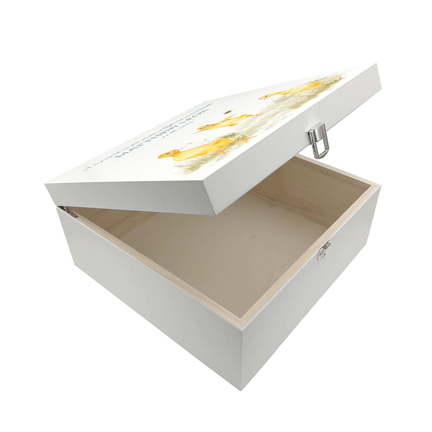 White Square personalised Wooden box with a decorative lid featuring illustrations Baby Ducklings Perfect funeral memory keepsake box, for storing ashes, order of service, flowers and coping with baby loss capturing your loved ones things in one place. 