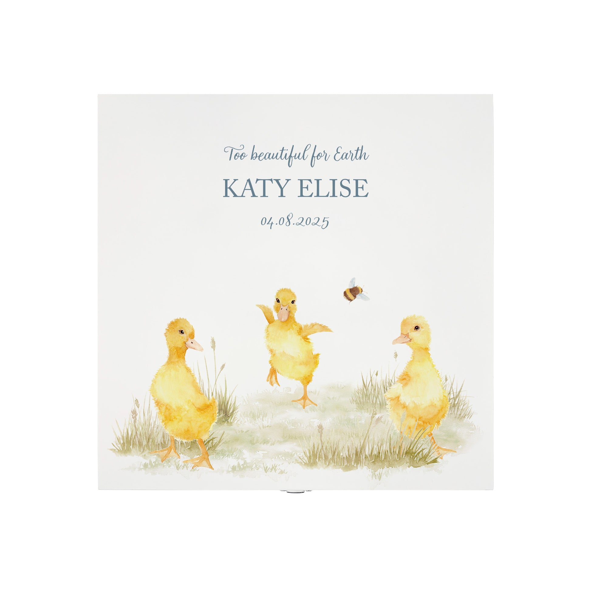 White Square personalised Wooden box with a decorative lid featuring illustrations Baby Ducklings Perfect funeral memory keepsake box, for storing ashes, order of service, flowers and coping with baby loss capturing your loved ones things in one place. 