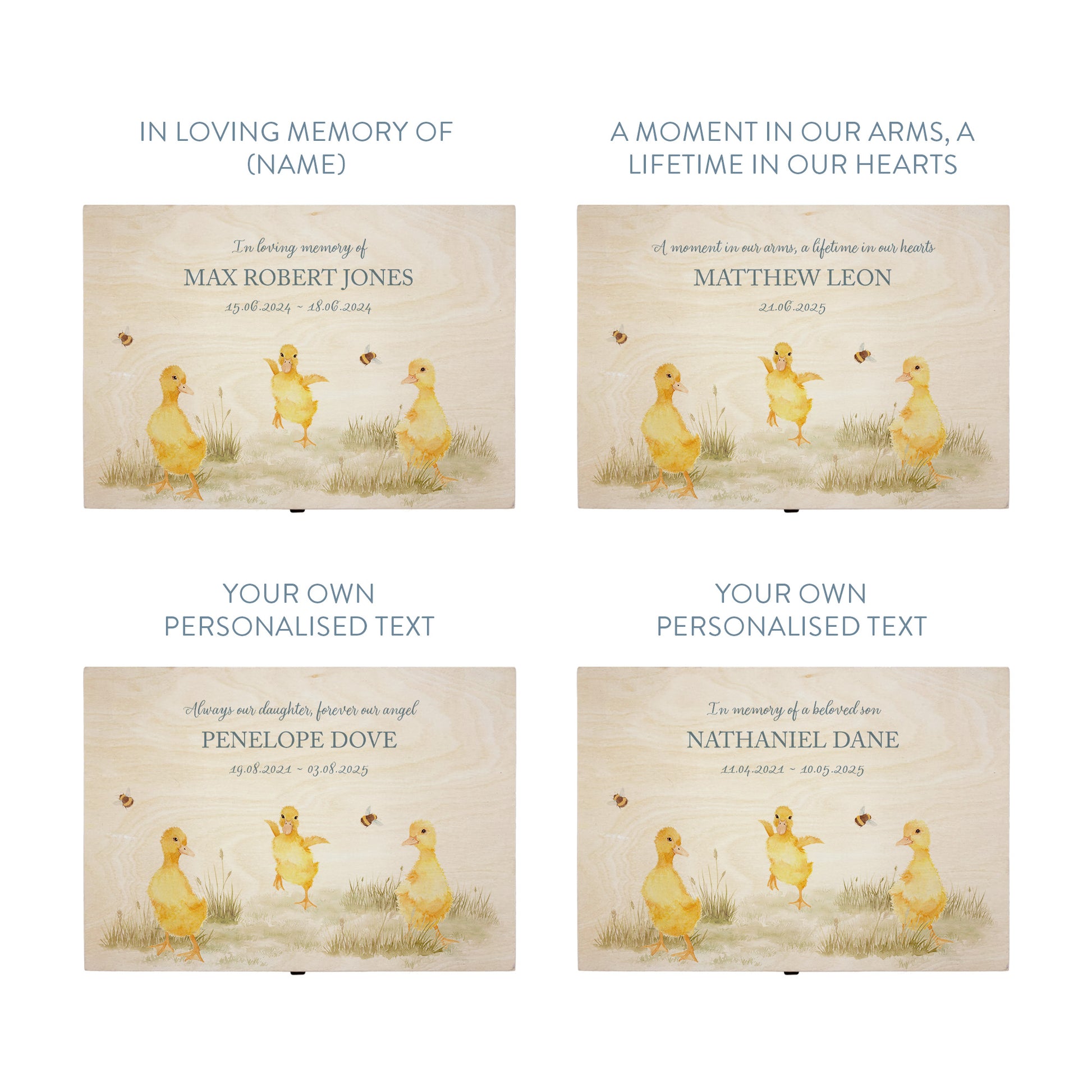 Wooden box with a decorative lid featuring illustrations Baby ducklings Perfect funeral memory keepsake box, for storing ashes, order of service, flowers and coping with baby loss capturing your loved ones things in one place 