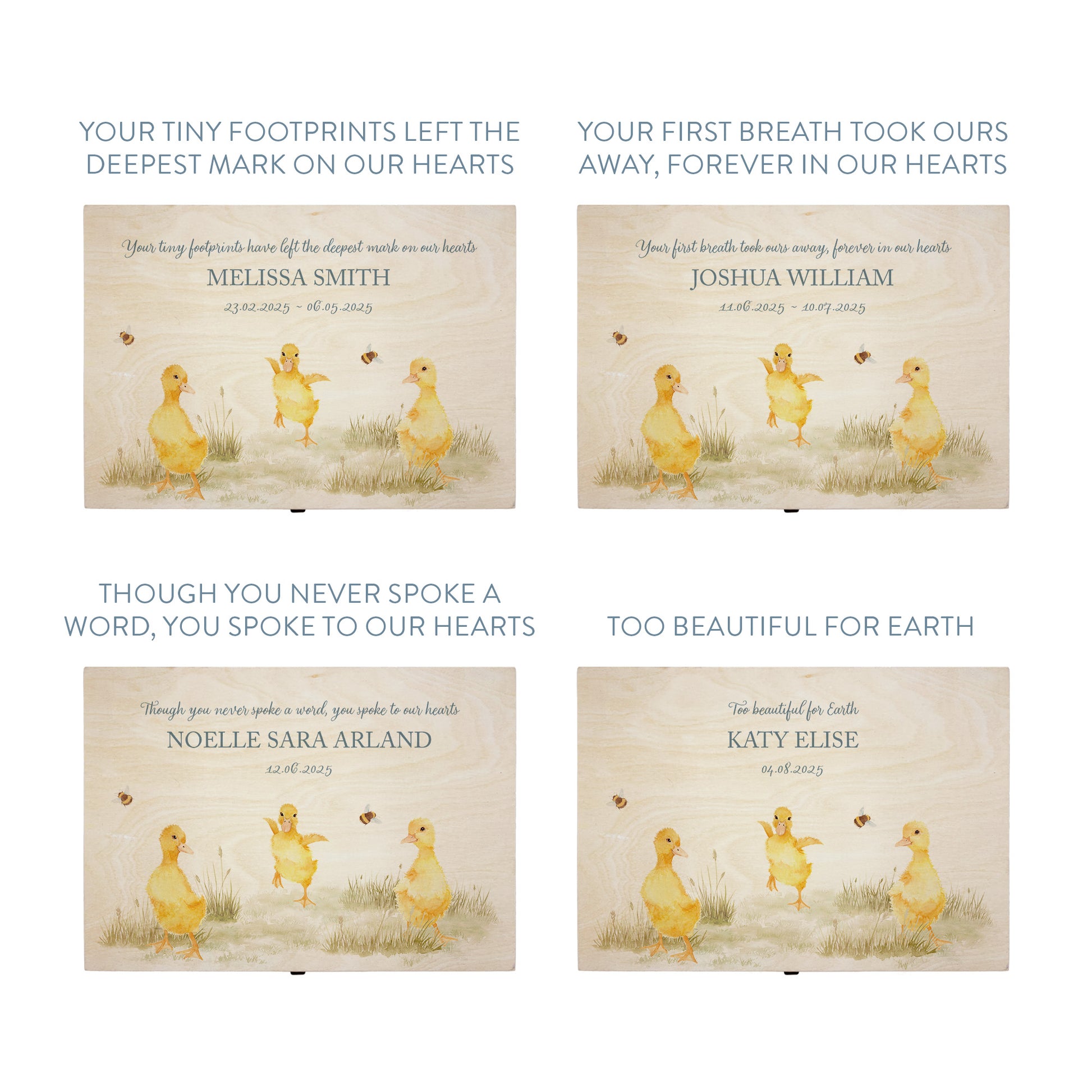 Wooden box with a decorative lid featuring illustrations Baby ducklings Perfect funeral memory keepsake box, for storing ashes, order of service, flowers and coping with baby loss capturing your loved ones things in one place 