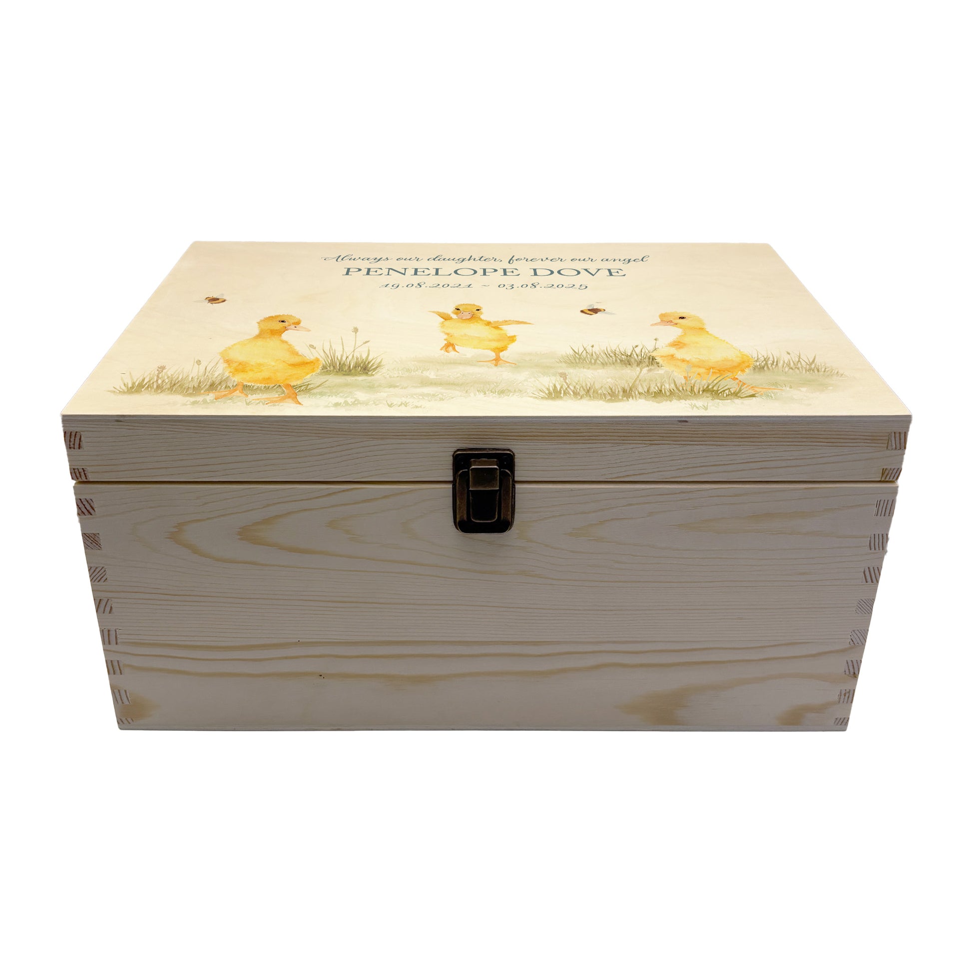 Wooden box with a decorative lid featuring illustrations Baby ducklings Perfect funeral memory keepsake box, for storing ashes, order of service, flowers and coping with baby loss capturing your loved ones things in one place 