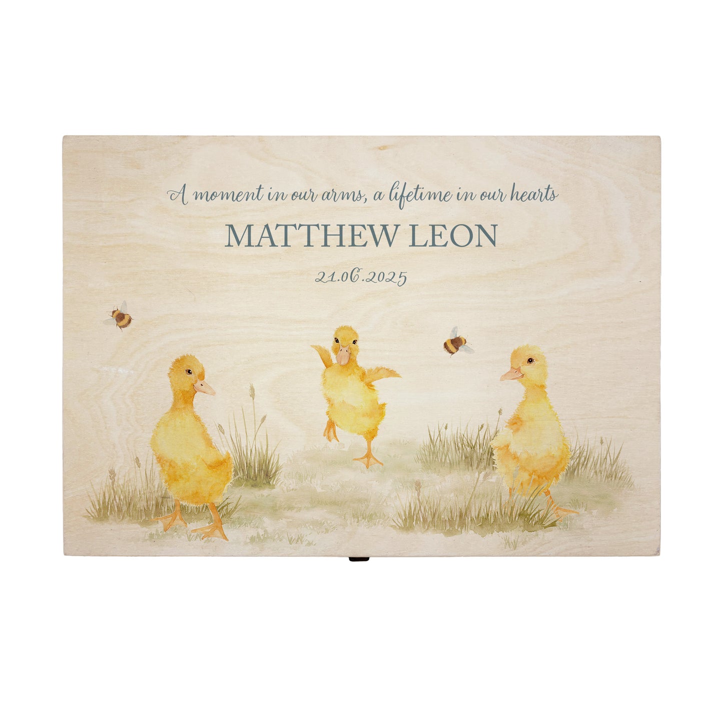 Wooden box with a decorative lid featuring illustrations Baby ducklings Perfect funeral memory keepsake box, for storing ashes, order of service, flowers and coping with baby loss capturing your loved ones things in one place 