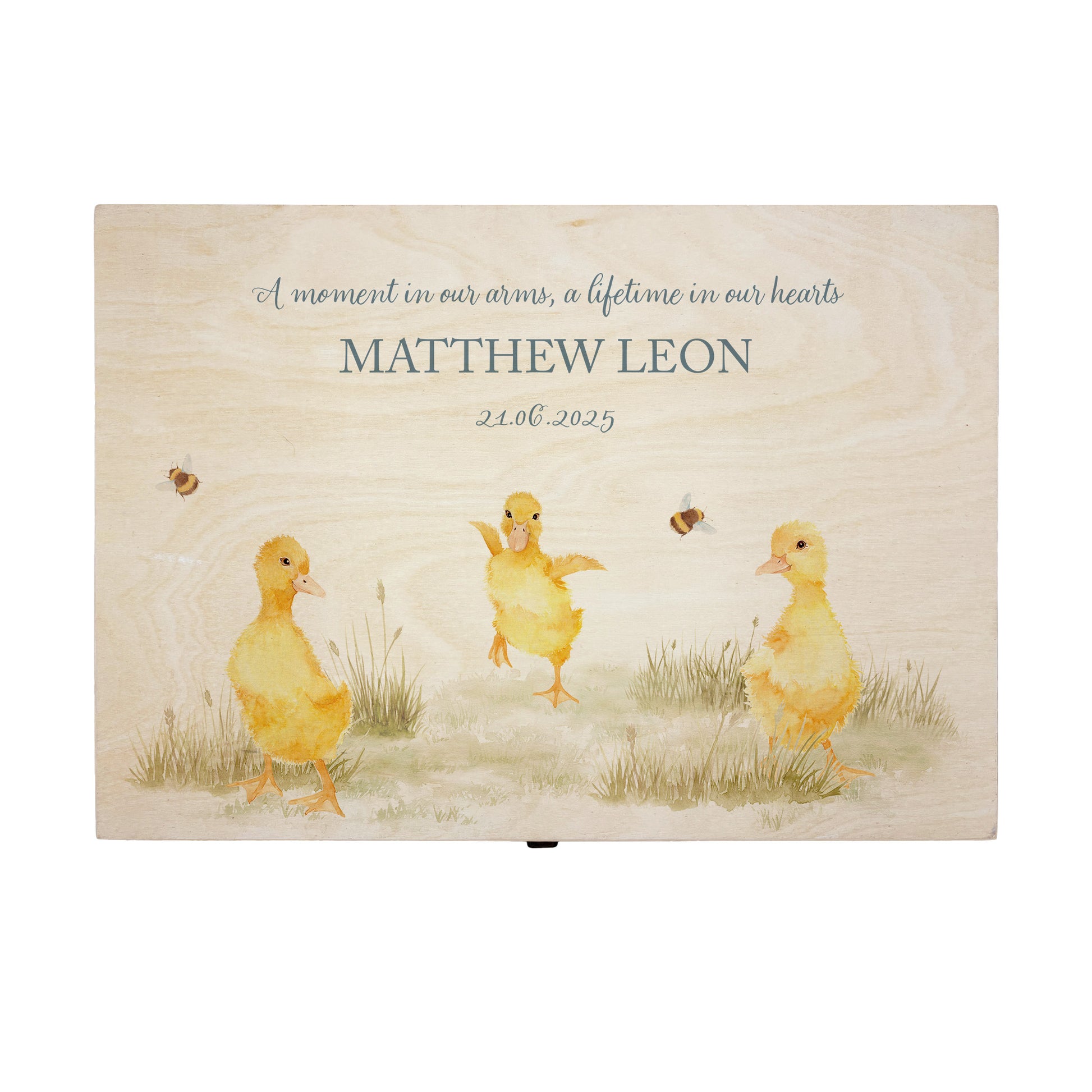 Wooden box with a decorative lid featuring illustrations Baby ducklings Perfect funeral memory keepsake box, for storing ashes, order of service, flowers and coping with baby loss capturing your loved ones things in one place 