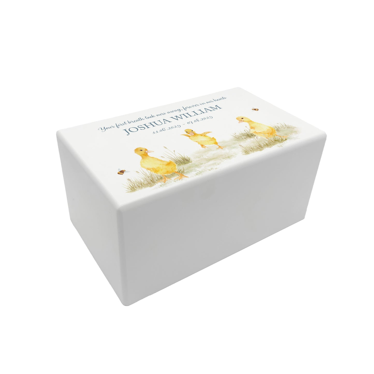 Luxury solid wooden white painted Urn ,  Featuring Baby Ducklings, A watercolour illustration, our urns and Caskets for displaying or burying ashes. Customisable and can be personalised. Perfect funeral memory keepsake urn, for storing ashes for humans and pets. Coping with baby loss, baby memorial