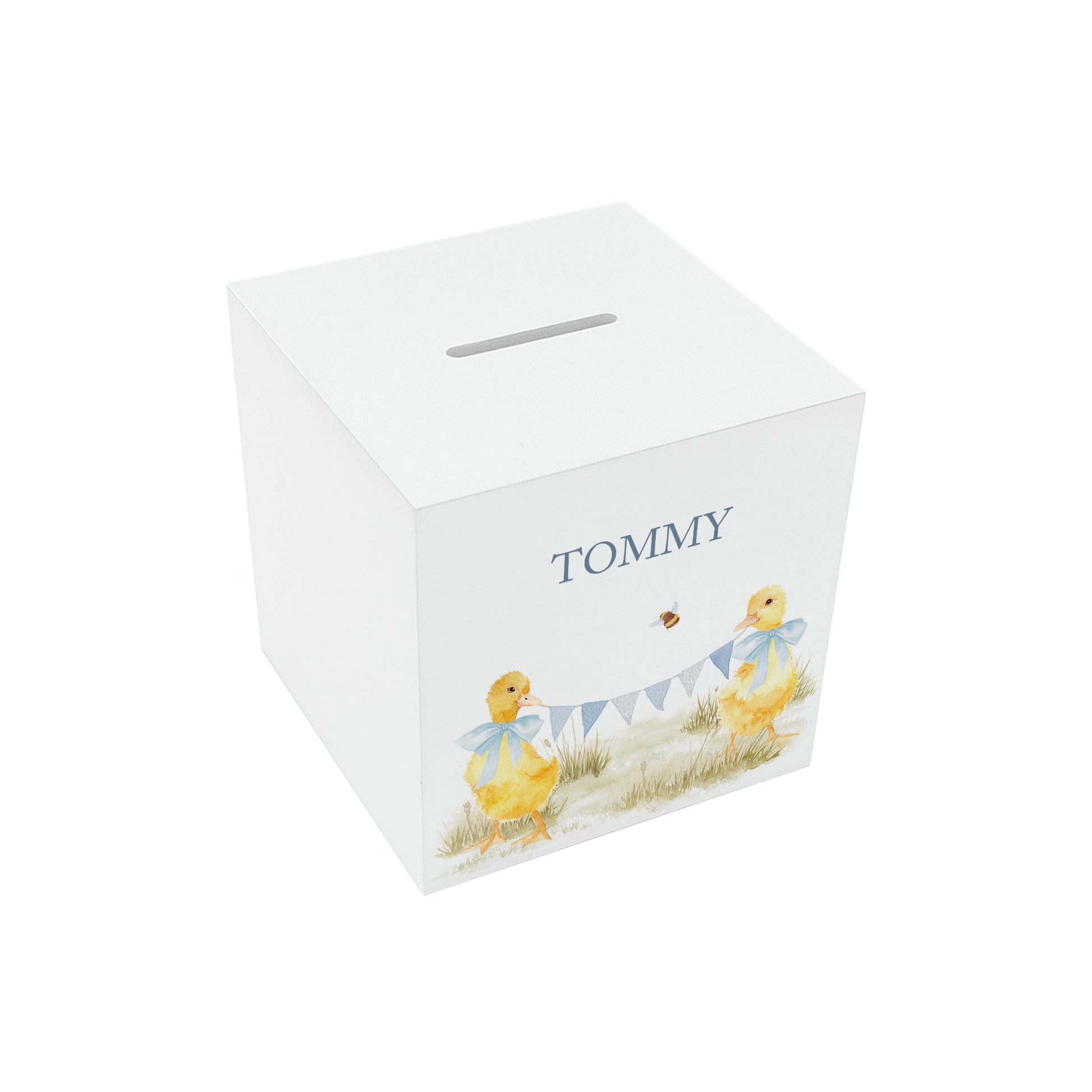 personalised handmade duckling money box in neutral childrens bedroom