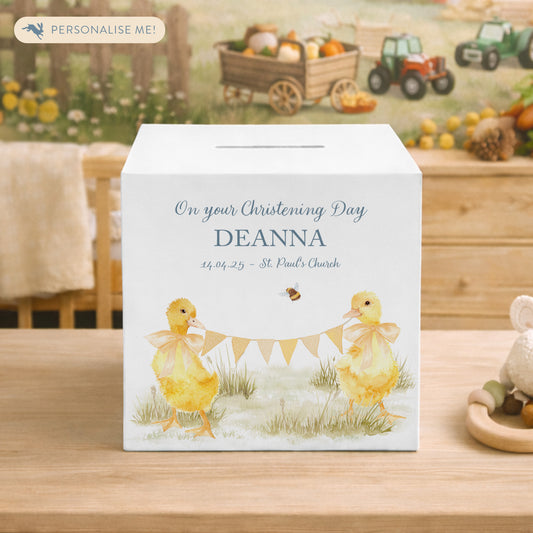 personalised handmade duckling money box in neutral childrens bedroom