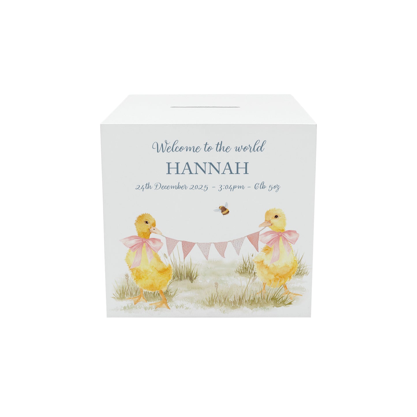 personalised handmade duckling money box in neutral childrens bedroom