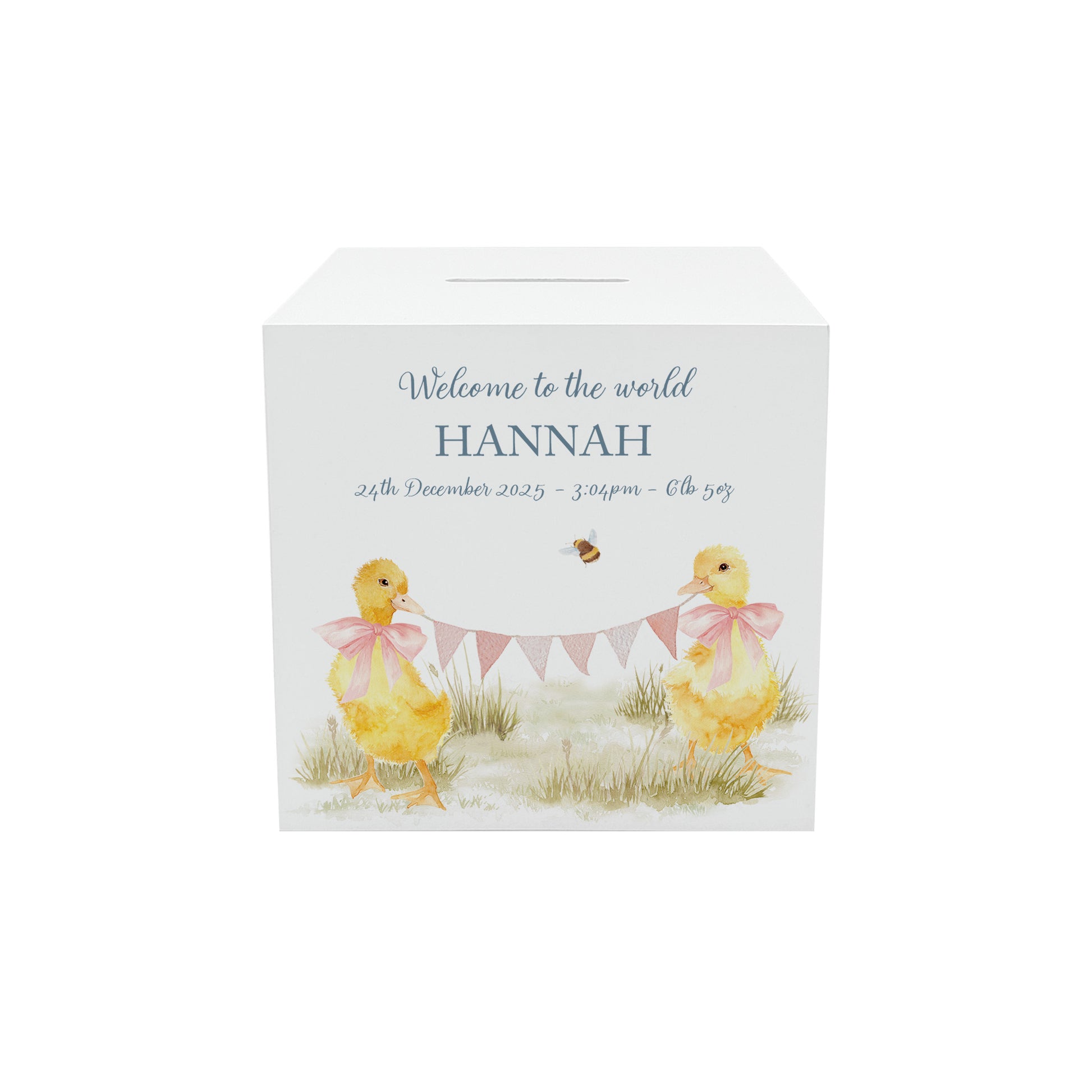 personalised handmade duckling money box in neutral childrens bedroom