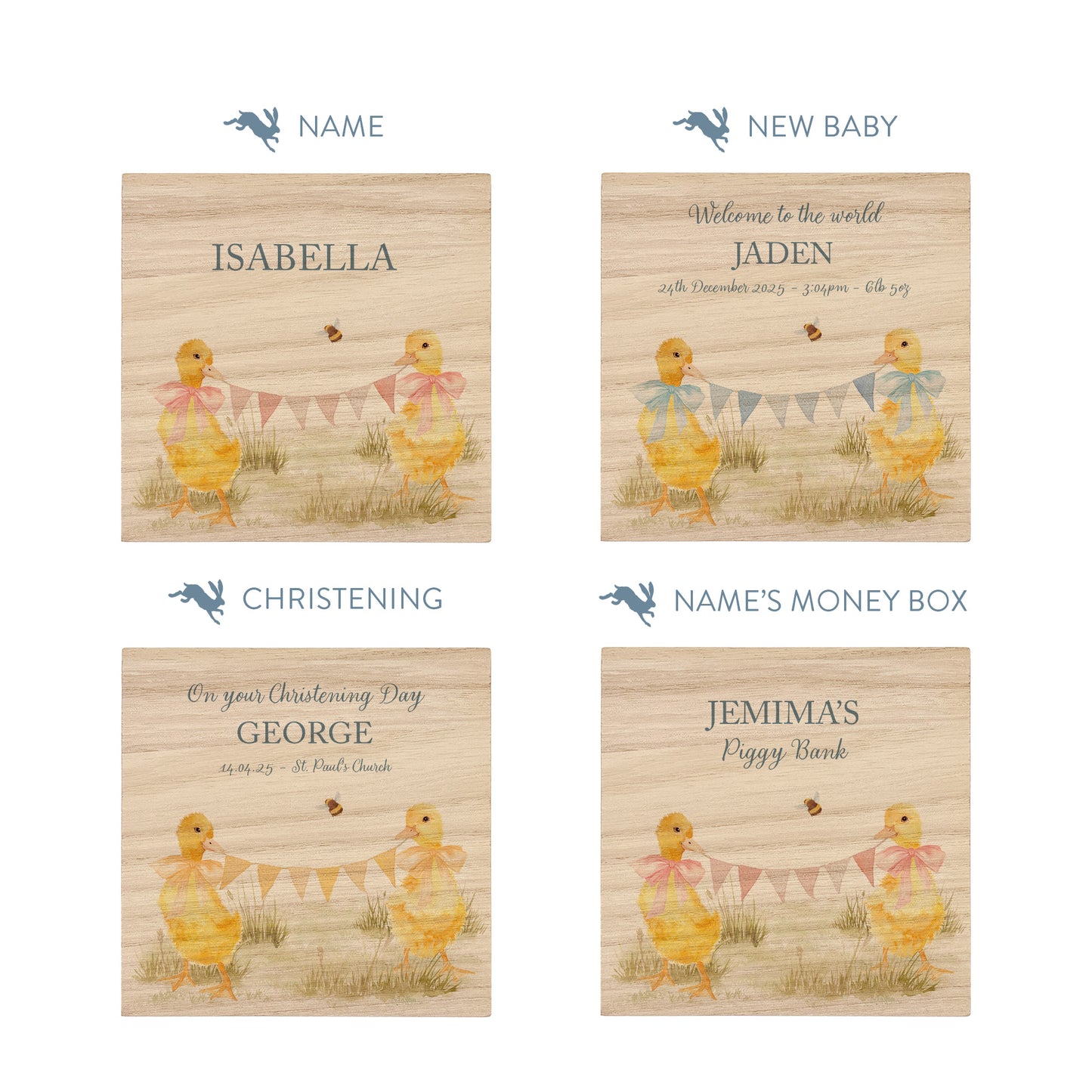 watercolour themed handmade money box for new baby nursery gift, yellow ducklings playing in the field , holding onto bunting with bows around their necks 