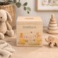 watercolour themed handmade money box for new baby nursery gift, yellow ducklings playing in the field , holding onto bunting with bows around their necks 