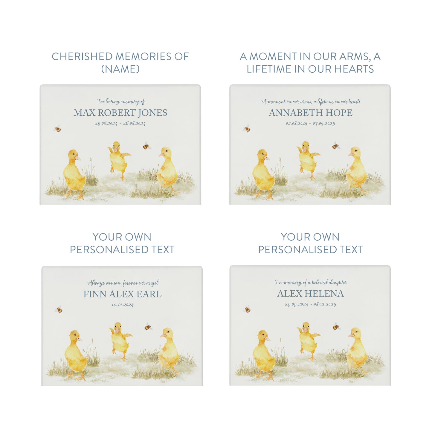 Luxury solid wooden white painted with Baby Ducklings in a meadow with buzzy bees, a beautiful watercolour illustration our urns and Caskets for displaying or burying ashes. Customisable and can be personalised. Perfect funeral memory keepsake urn, for storing ashes for humans and pets. Coping with baby loss. 