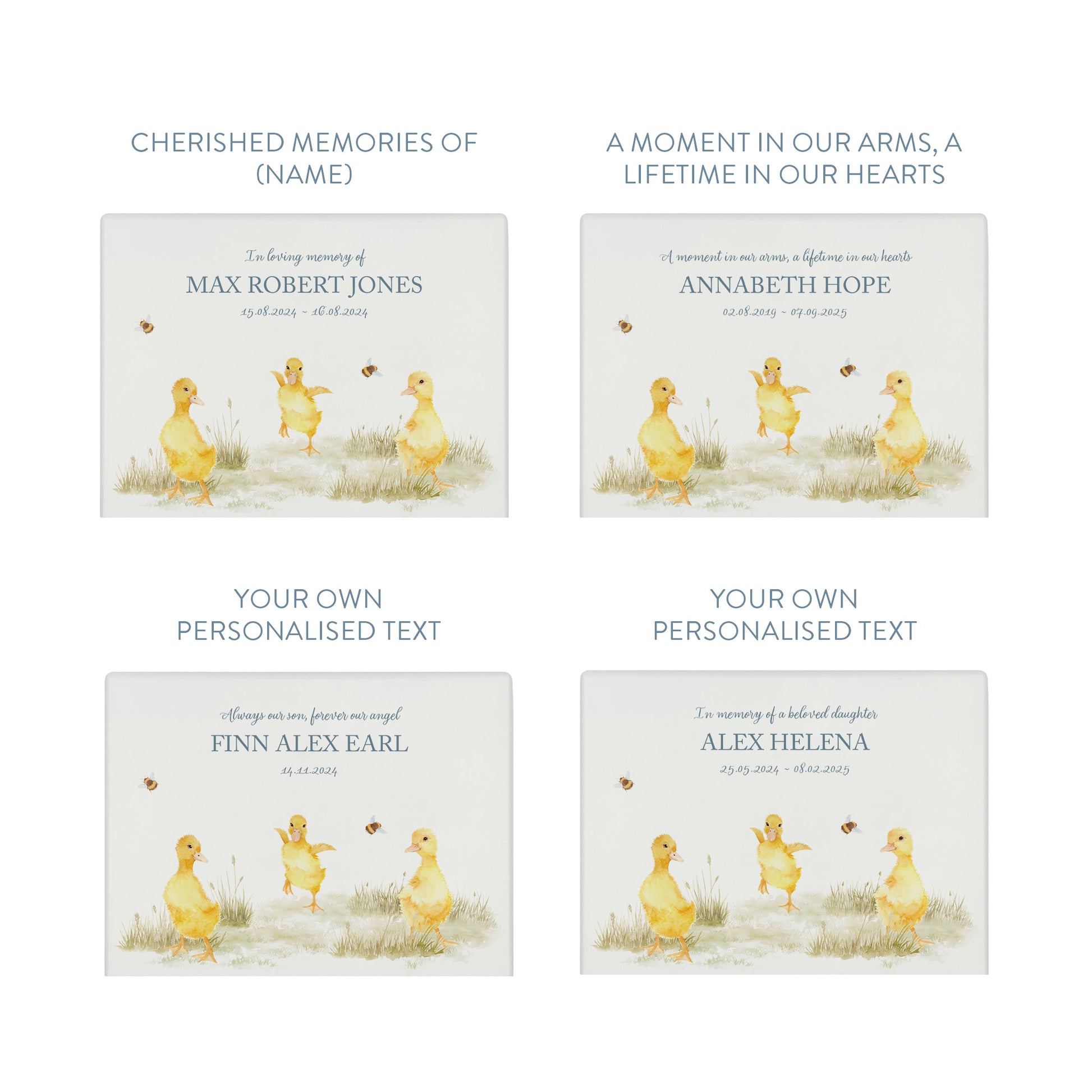 Luxury solid wooden white painted with Baby Ducklings in a meadow with buzzy bees, a beautiful watercolour illustration our urns and Caskets for displaying or burying ashes. Customisable and can be personalised. Perfect funeral memory keepsake urn, for storing ashes for humans and pets. Coping with baby loss. 