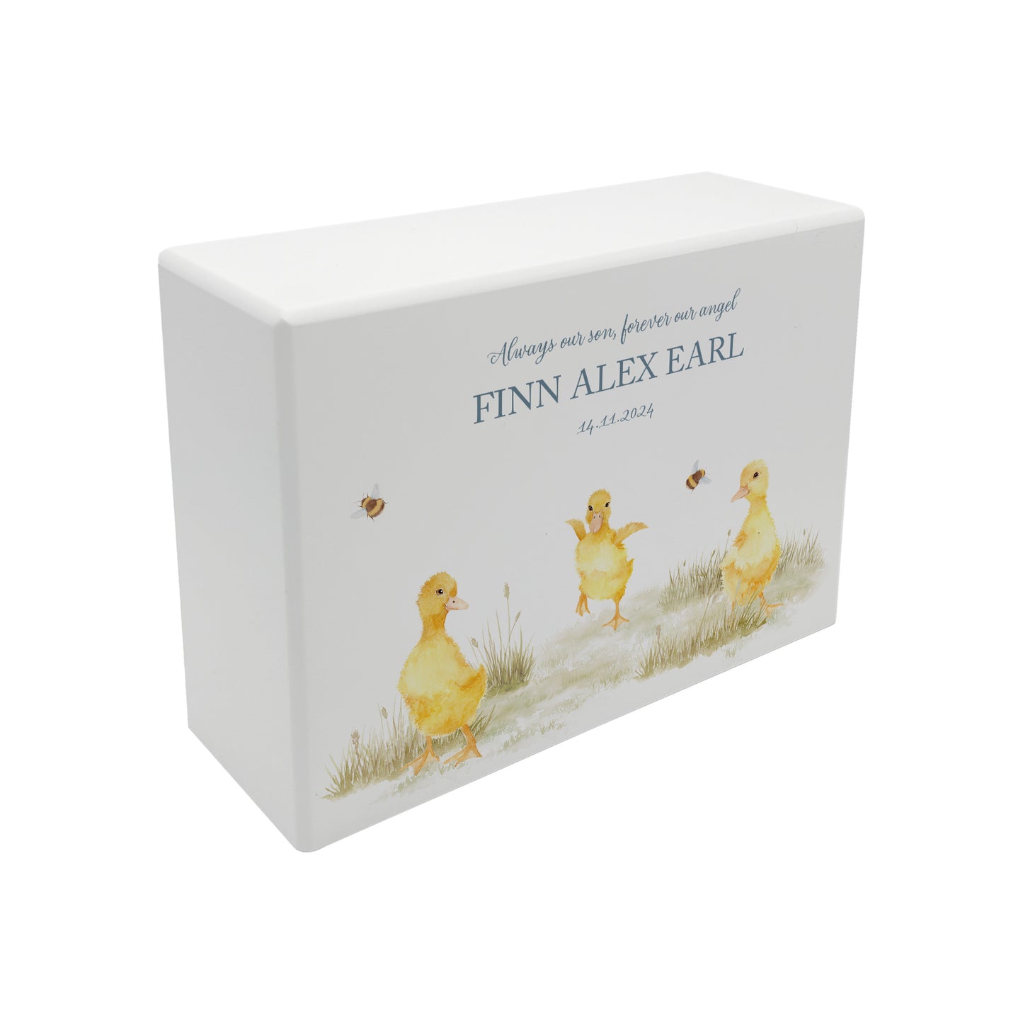 Luxury solid wooden white painted with Baby Ducklings in a meadow with buzzy bees, a beautiful watercolour illustration our urns and Caskets for displaying or burying ashes. Customisable and can be personalised. Perfect funeral memory keepsake urn, for storing ashes for humans and pets. Coping with baby loss. 