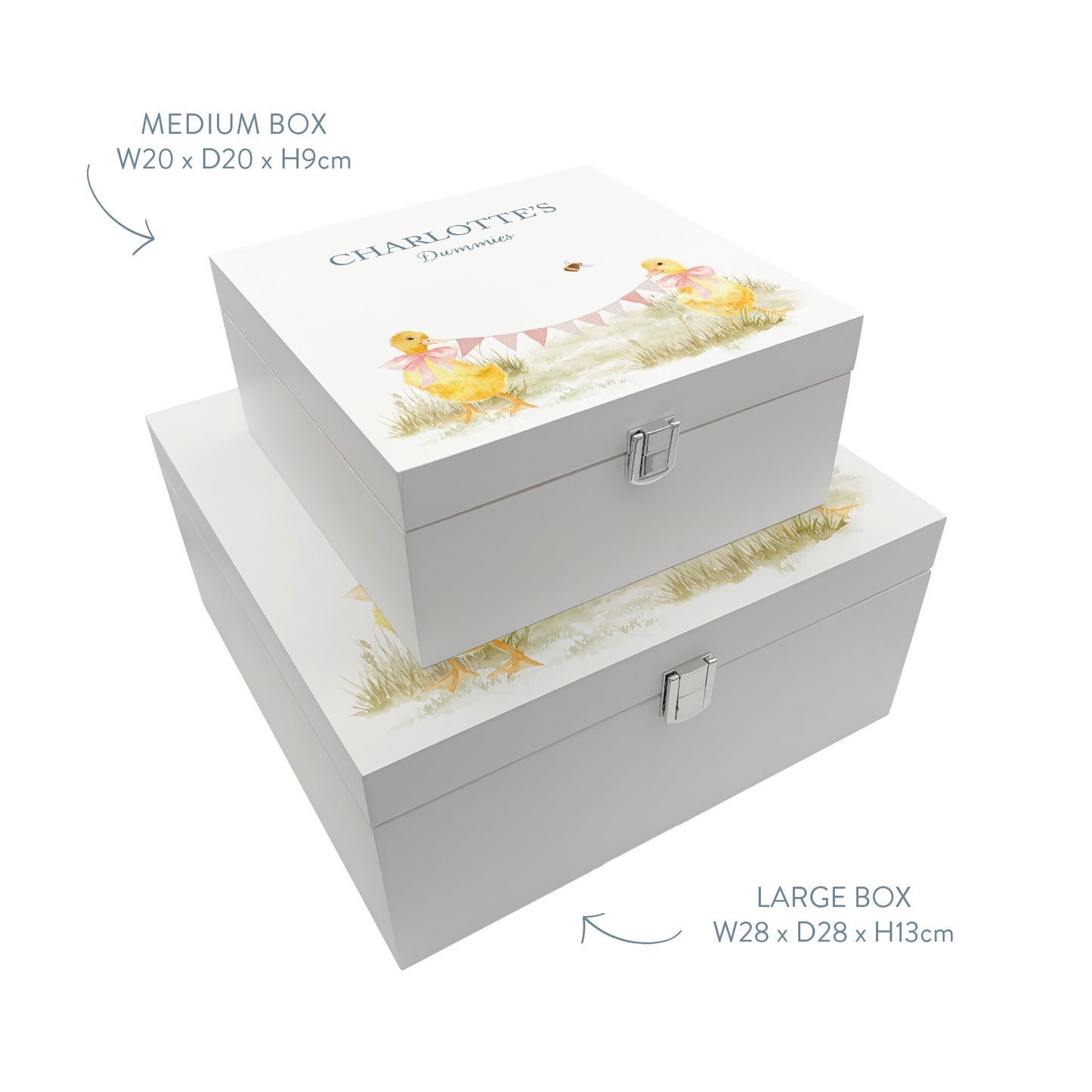 Two white wooden keepsake baby gift boxes stacked on top of each other to show the sizes available. The boxes are personalised with custom text and feature a baby ducklings watercolour design.