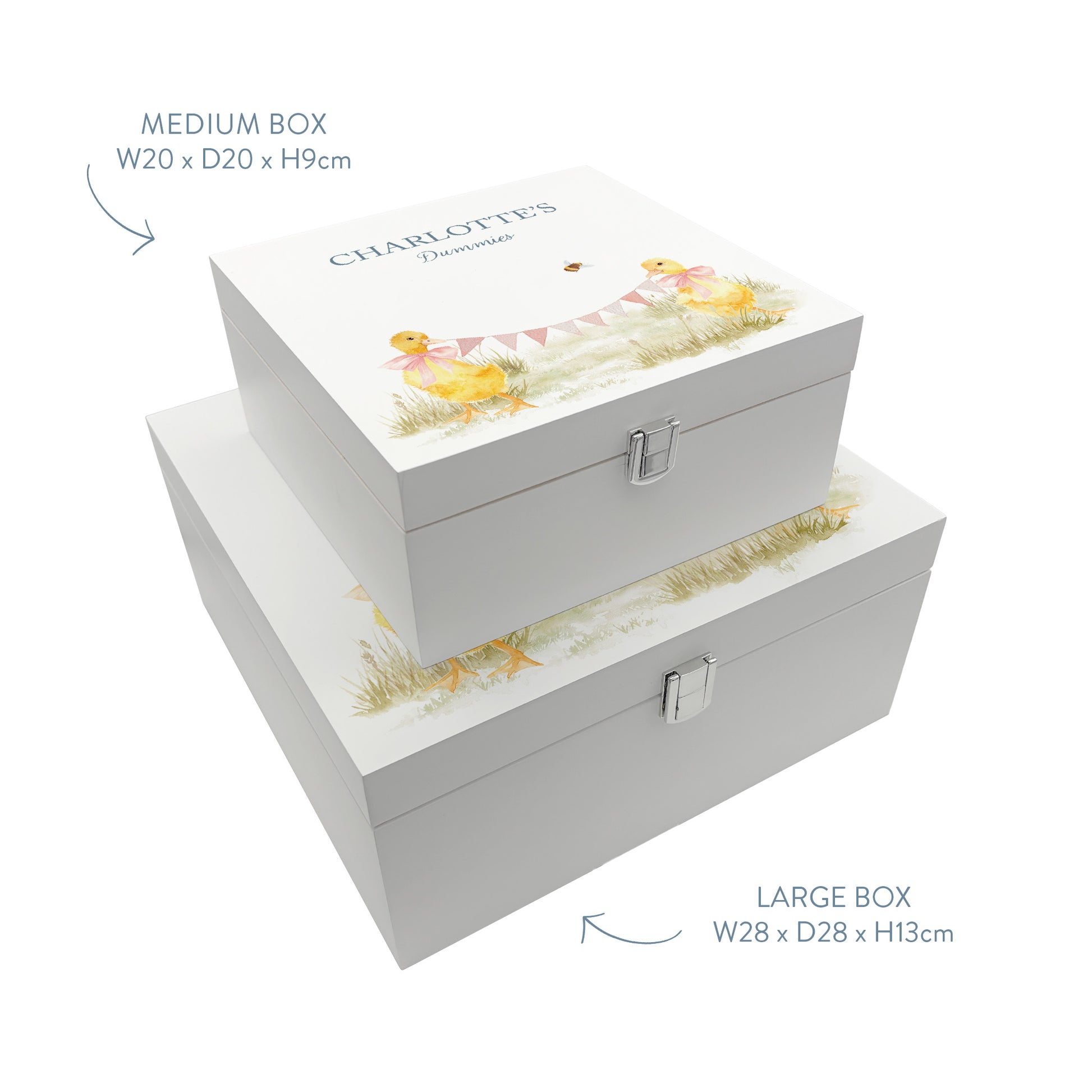 Two white wooden keepsake baby gift boxes stacked on top of each other to show the sizes available. The boxes are personalised with custom text and feature a baby ducklings watercolour design.