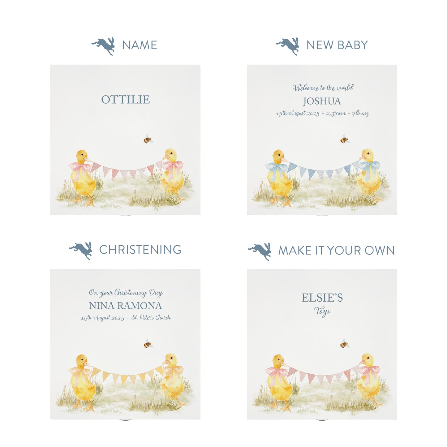 Personalisation options for a white wooden baby gift box with a baby ducklings design. The image shows the personalised phrase options available for baby shower, christenings, and nursery storage.