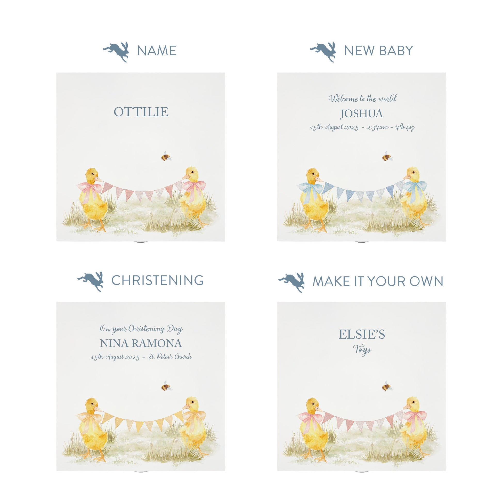 Personalisation options for a white wooden baby gift box with a baby ducklings design. The image shows the personalised phrase options available for baby shower, christenings, and nursery storage.