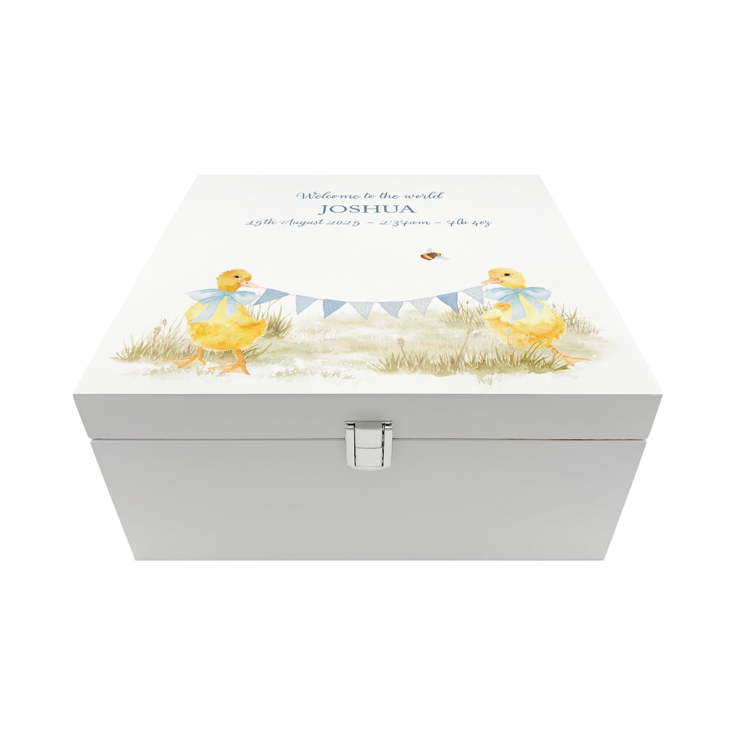 A personalised white wooden baby keepsake gift box with a watercolour ducklings design. Ideal for new baby gifts, christenings, birthdays, memory box, and nursery storage.