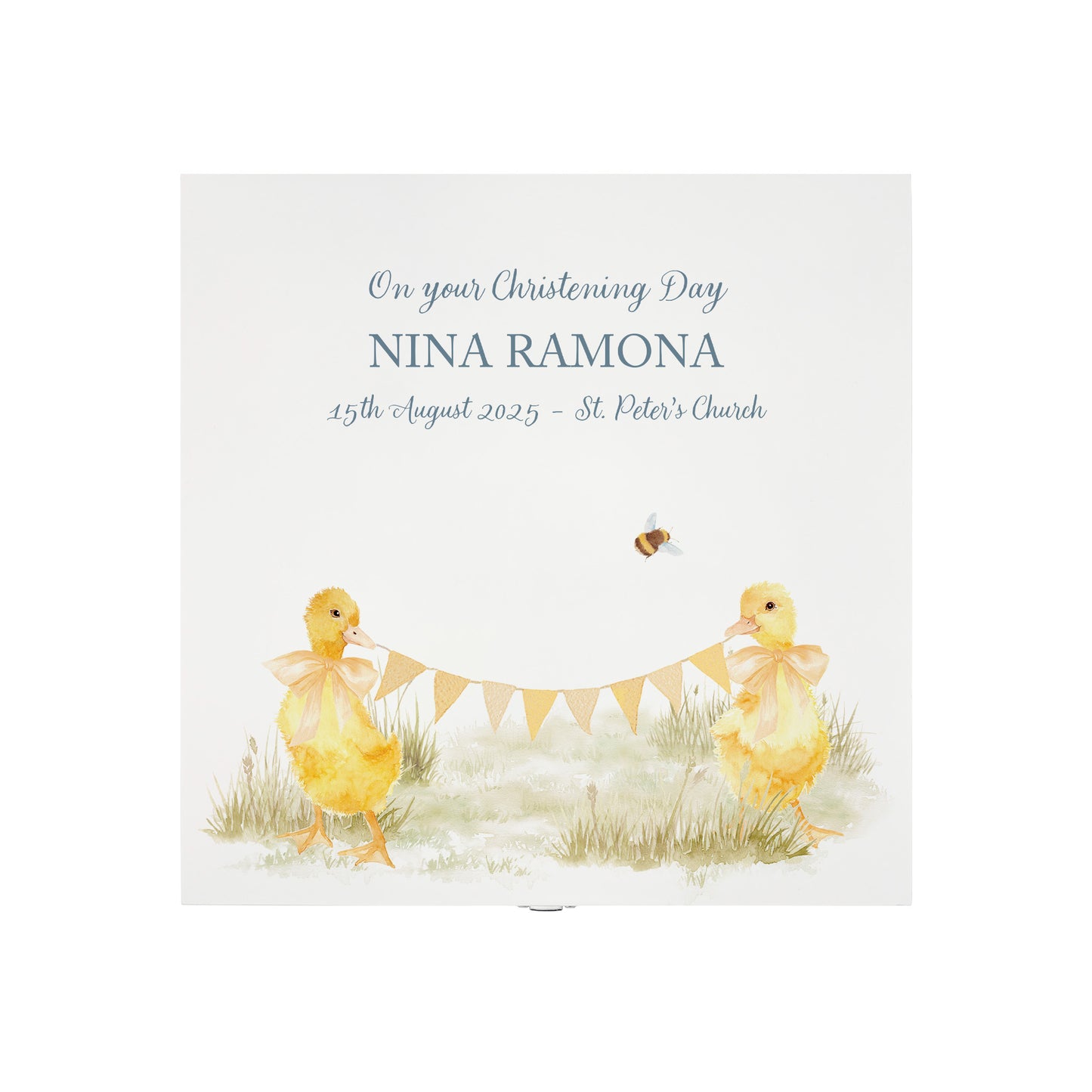 The top of a personalised white wooden baby keepsake gift box with a watercolour ducklings design. Ideal for new baby gifts, christenings, birthdays, memory box, and nursery storage.