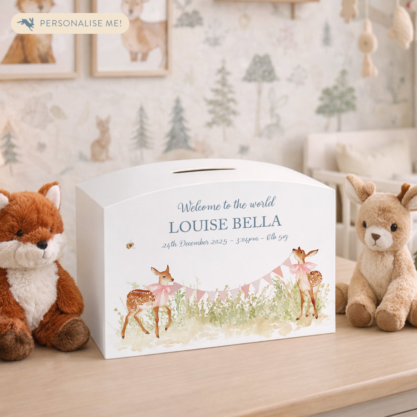 Baby Fawn personalised money box, great gift and start saving for your new baby. 