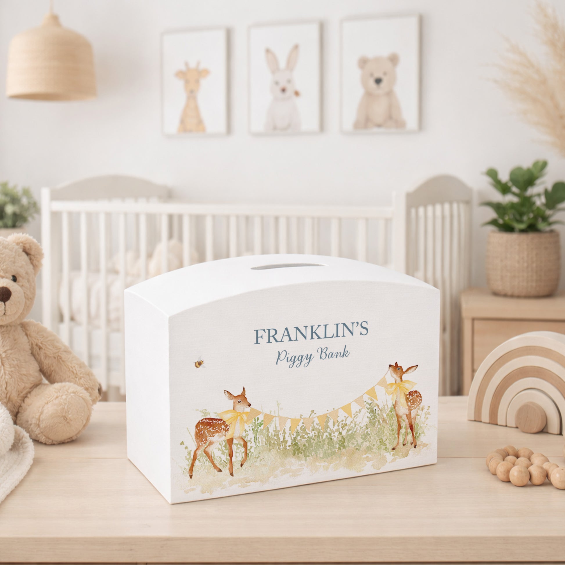 Baby Fawn personalised money box, great gift and start saving for your new baby. 
