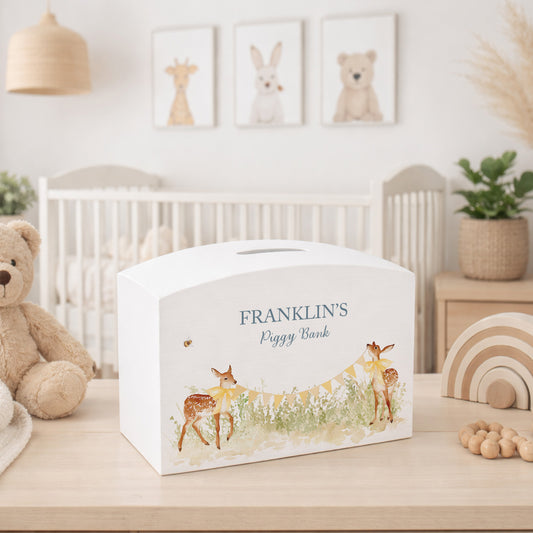Baby Fawn personalised money box, great gift and start saving for your new baby. 