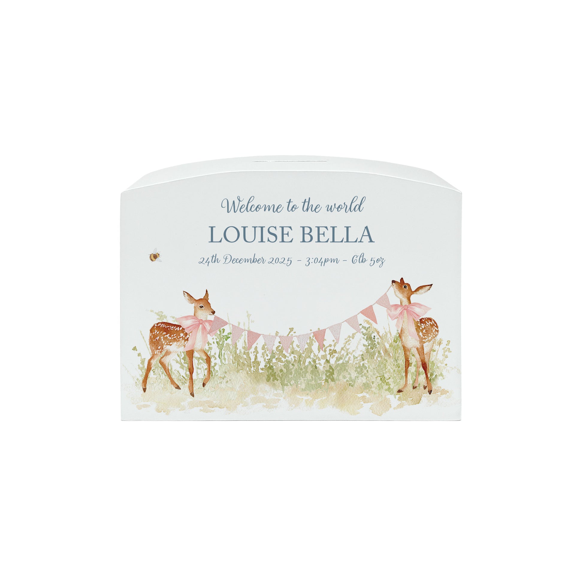 Baby Fawn personalised money box, great gift and start saving for your new baby. 
