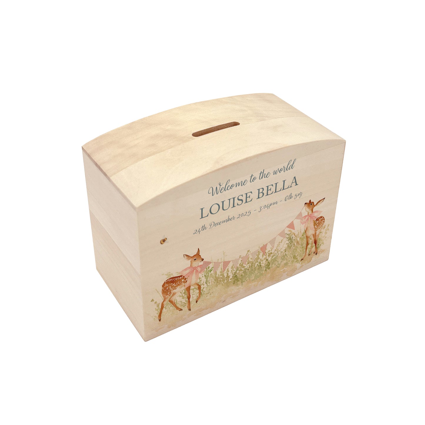 Baby Fawn with bunting and bows in a water colour design, the perfect money box for your little savers. Newborn, birthday and christening gift. 