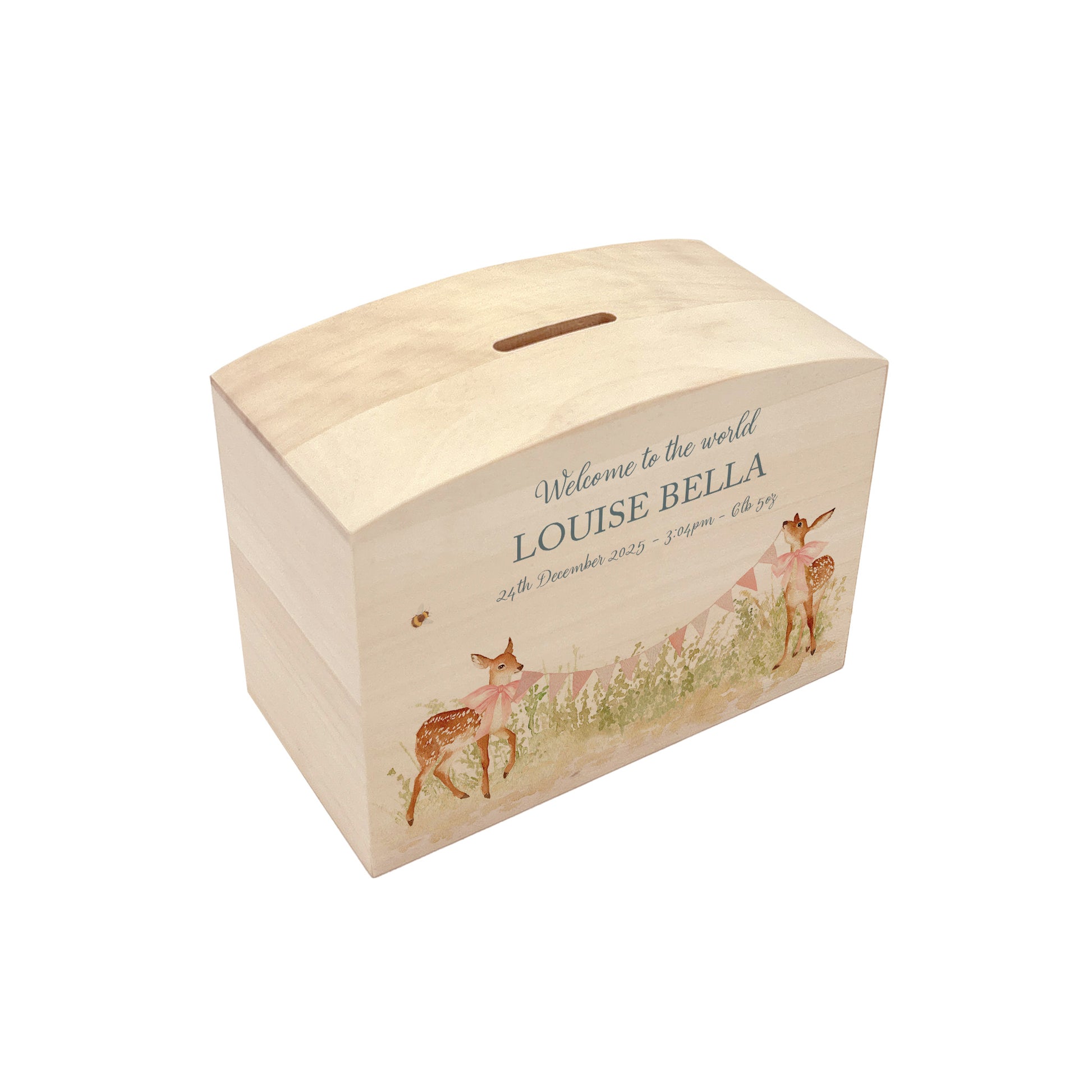 Baby Fawn with bunting and bows in a water colour design, the perfect money box for your little savers. Newborn, birthday and christening gift. 