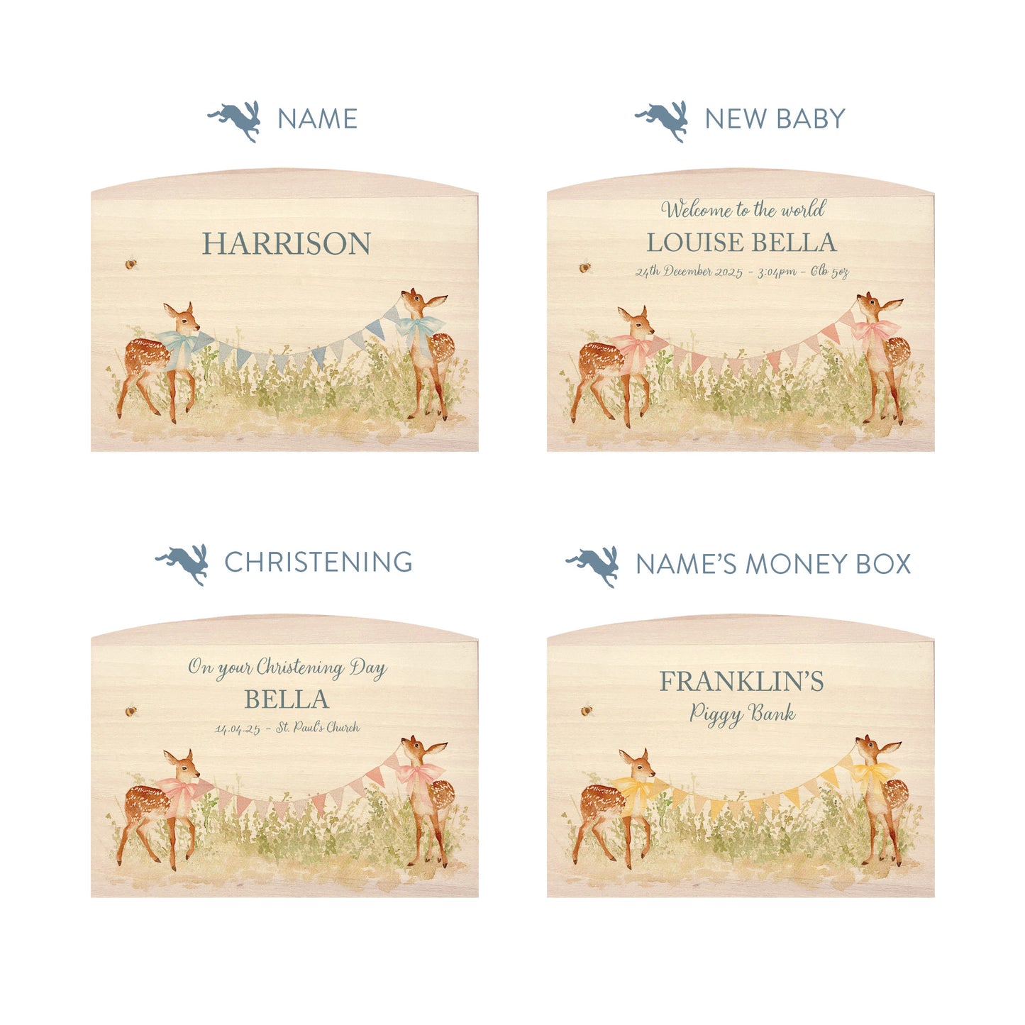 Baby Fawn with bunting and bows in a water colour design, the perfect money box for your little savers. Newborn, birthday and christening gift. 