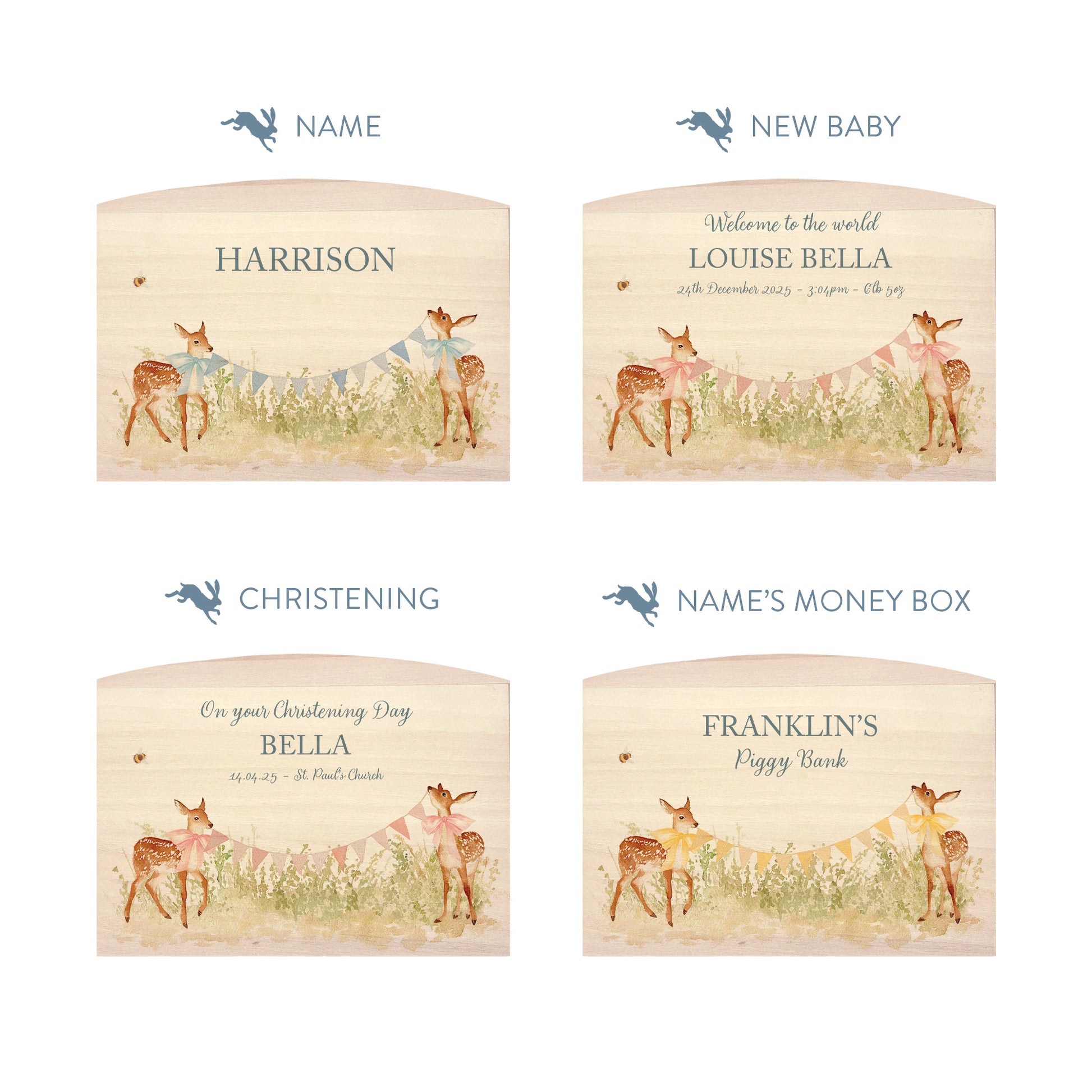 Baby Fawn with bunting and bows in a water colour design, the perfect money box for your little savers. Newborn, birthday and christening gift. 