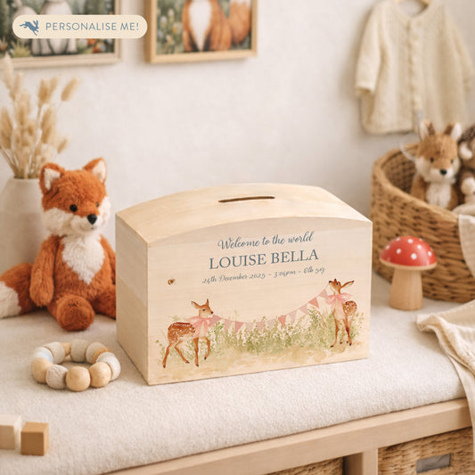 Baby Fawn with bunting and bows in a water colour design, the perfect money box for your little savers. Newborn, birthday and christening gift. 