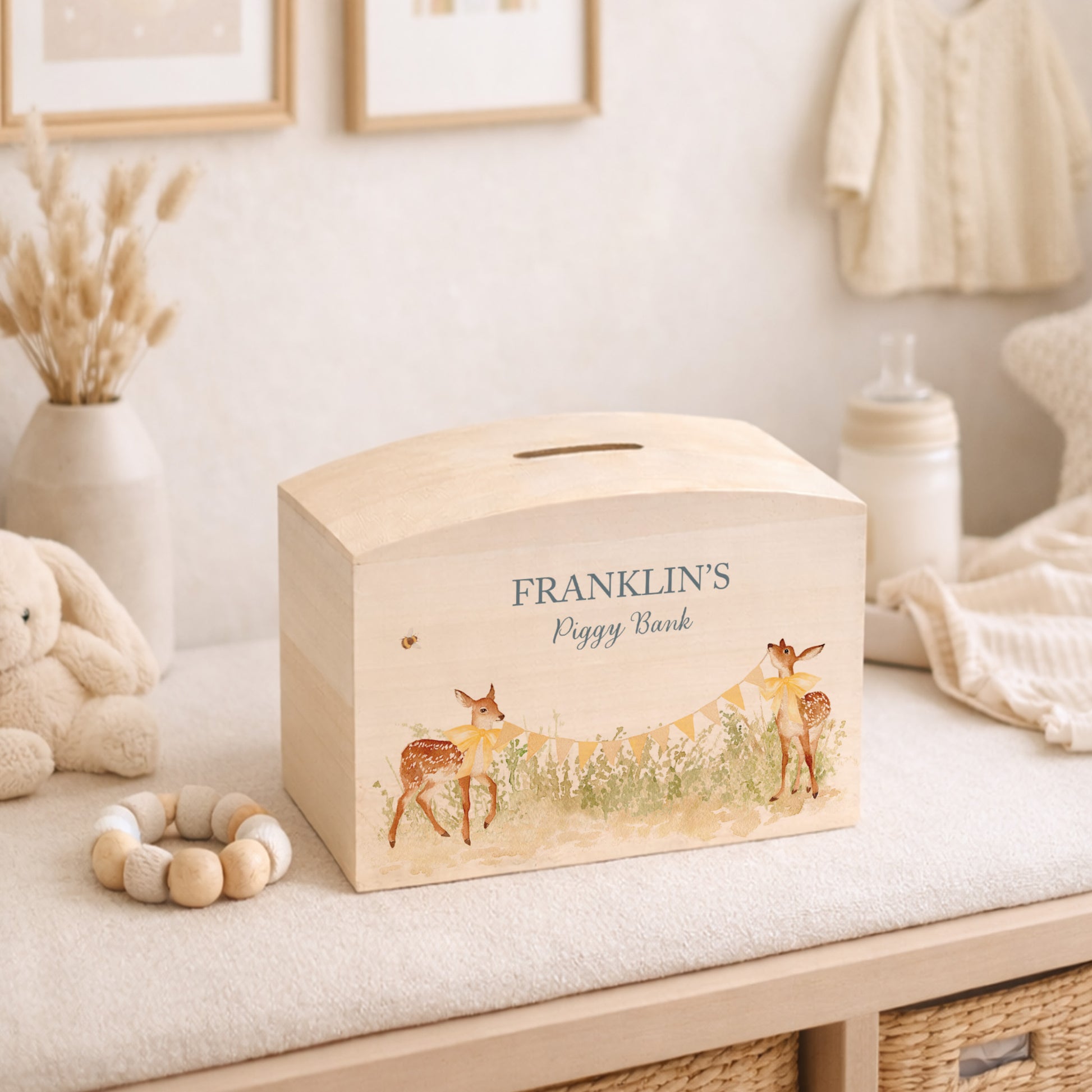 Baby Fawn with bunting and bows in a water colour design, the perfect money box for your little savers. Newborn, birthday and christening gift. 